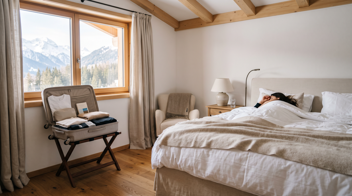 Ruhiges Hotelzimmer mit gepacktem Koffer im Morgenlicht – Jetlag nach langer Reise überwinden