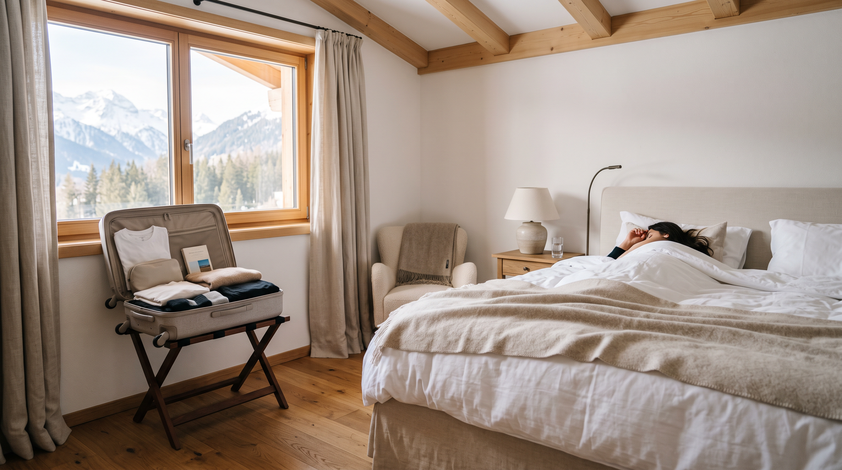 Ruhiges Hotelzimmer mit gepacktem Koffer im Morgenlicht – Jetlag nach langer Reise überwinden