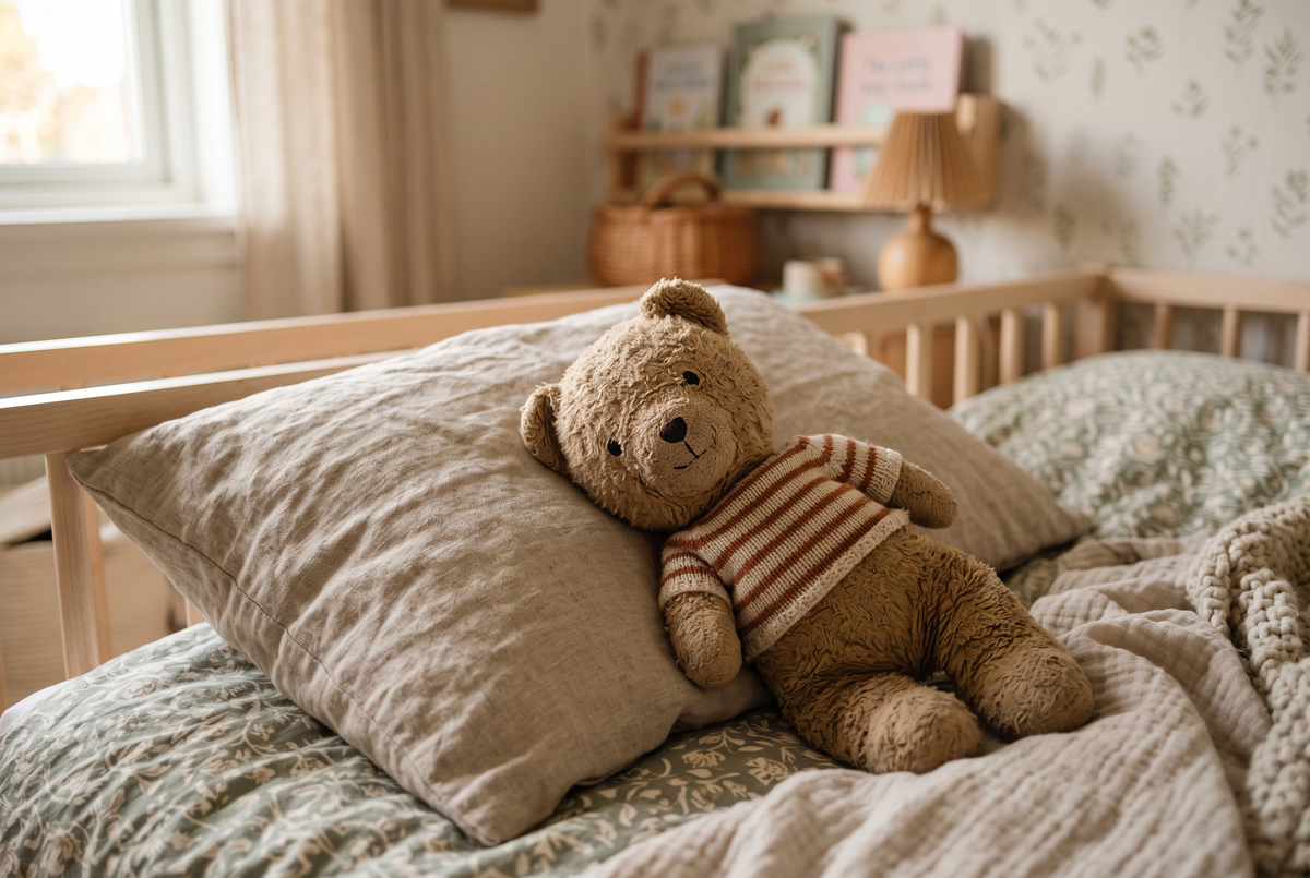 Teddybär auf Leinenkissen im Morgenlicht