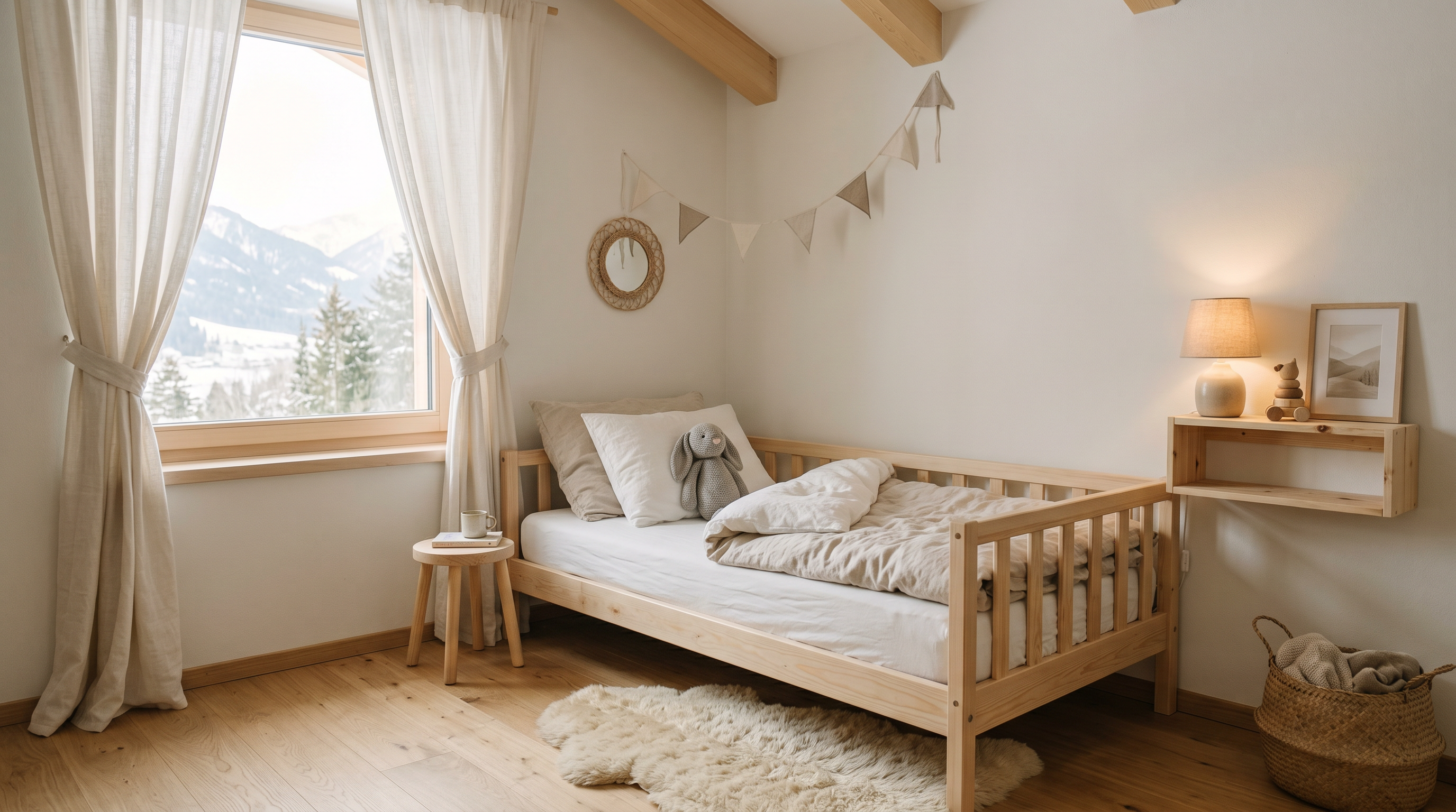 Helles Kinderzimmer mit gemütlichem Kinderbett, weisser Matratze und Leinenbettwäsche im skandinavischen Stil