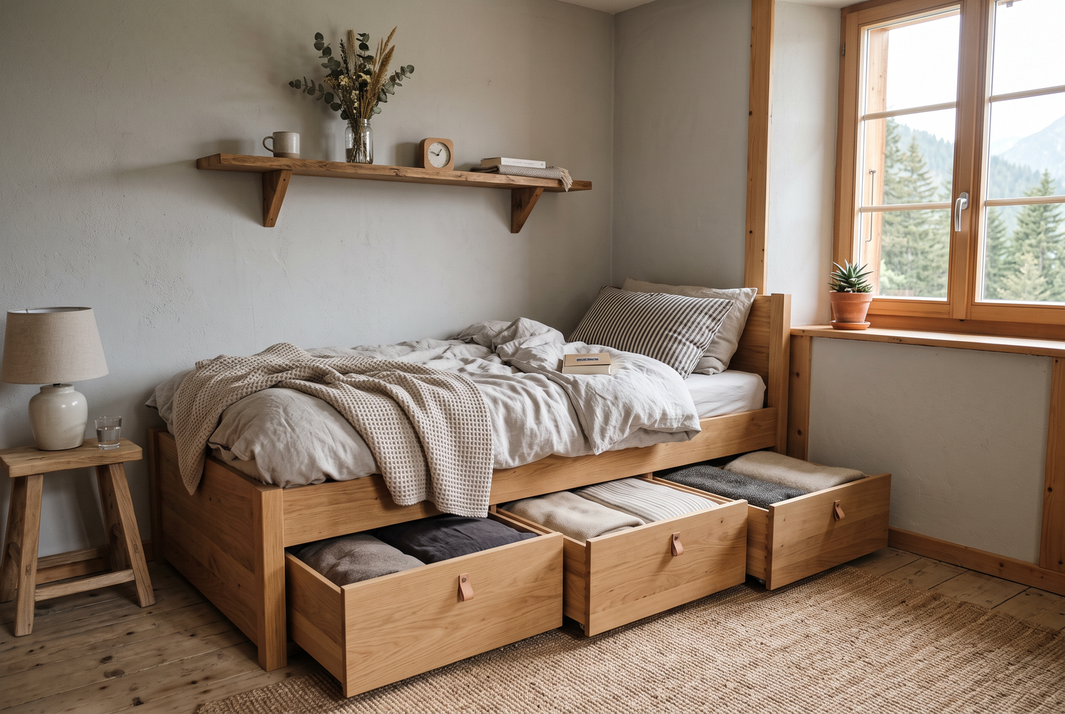 Bett mit Stauraum-Schubladen in kleinem Schlafzimmer
