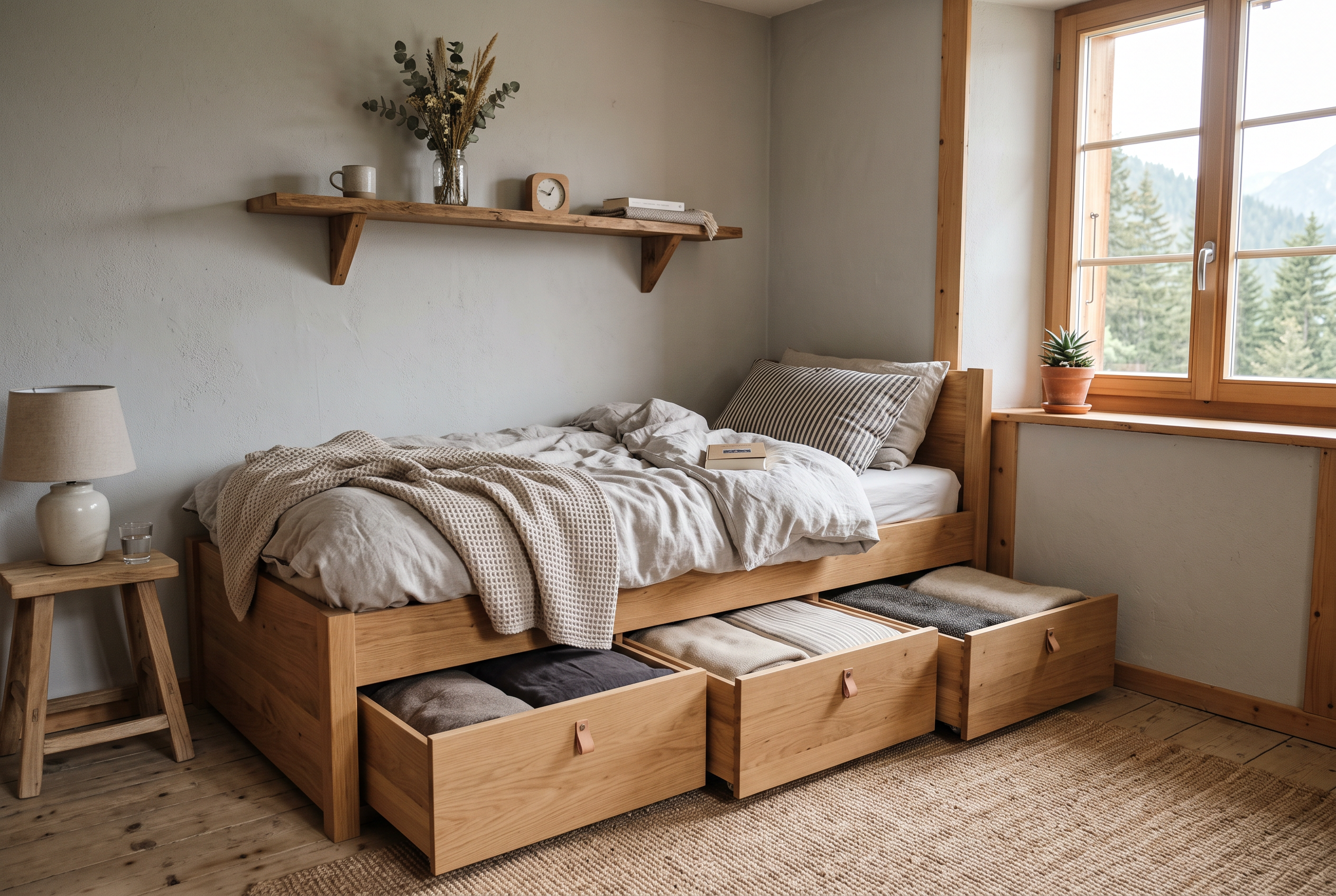 Bett mit Stauraum-Schubladen in kleinem Schlafzimmer