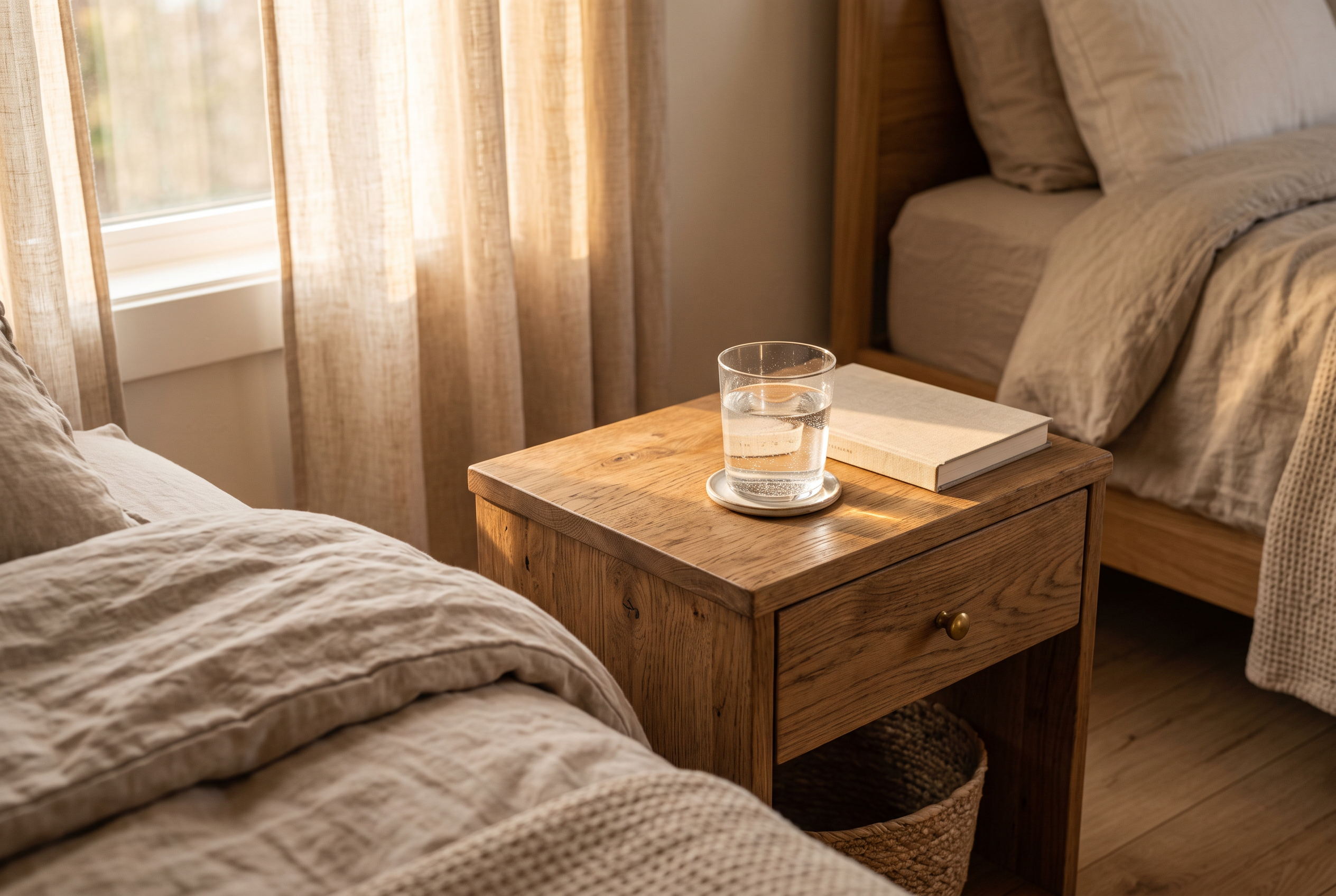 Nachttisch mit Wasserglas im Morgenlicht neben dem Bett