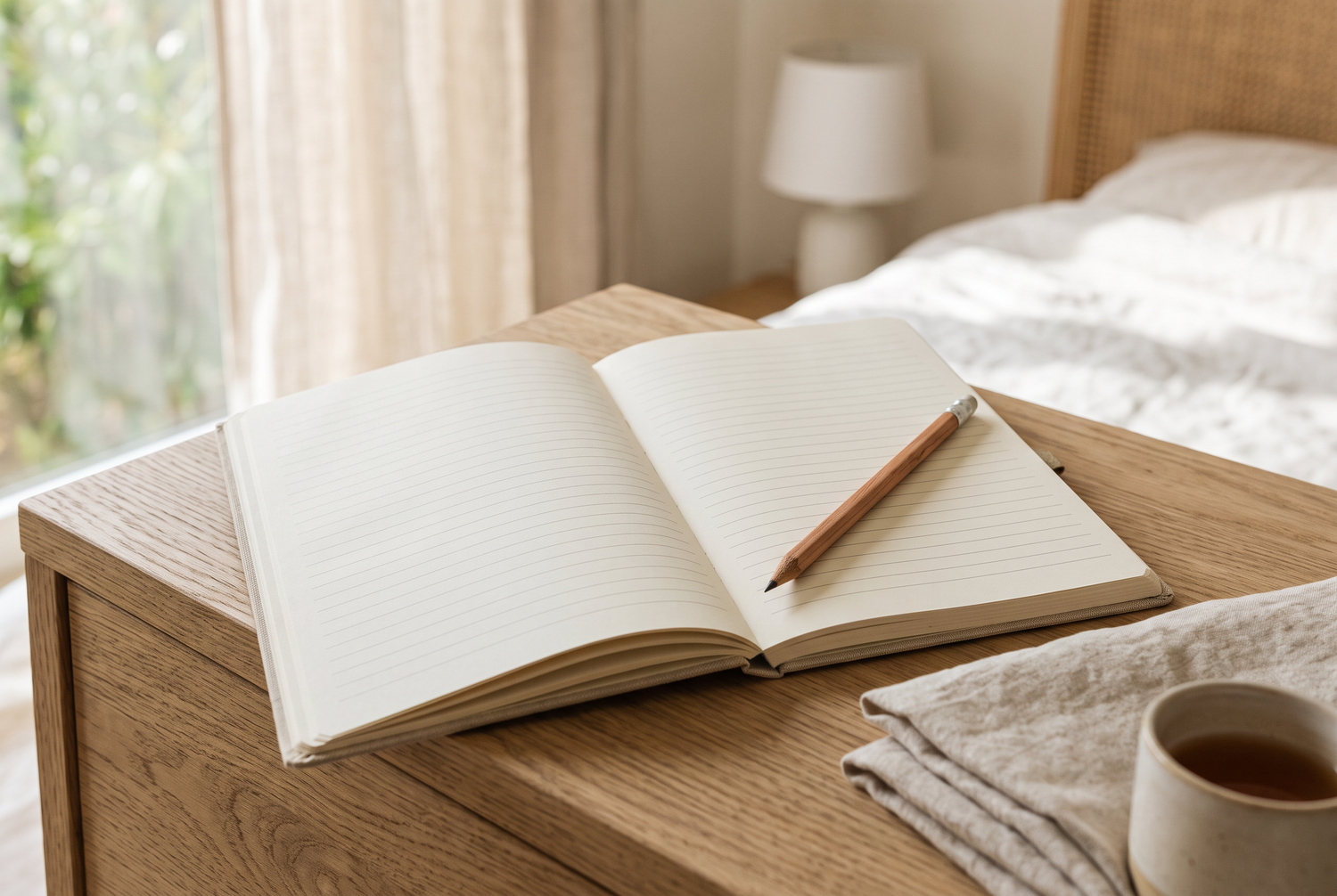 Offenes Notizbuch und Bleistift auf einem Nachttisch