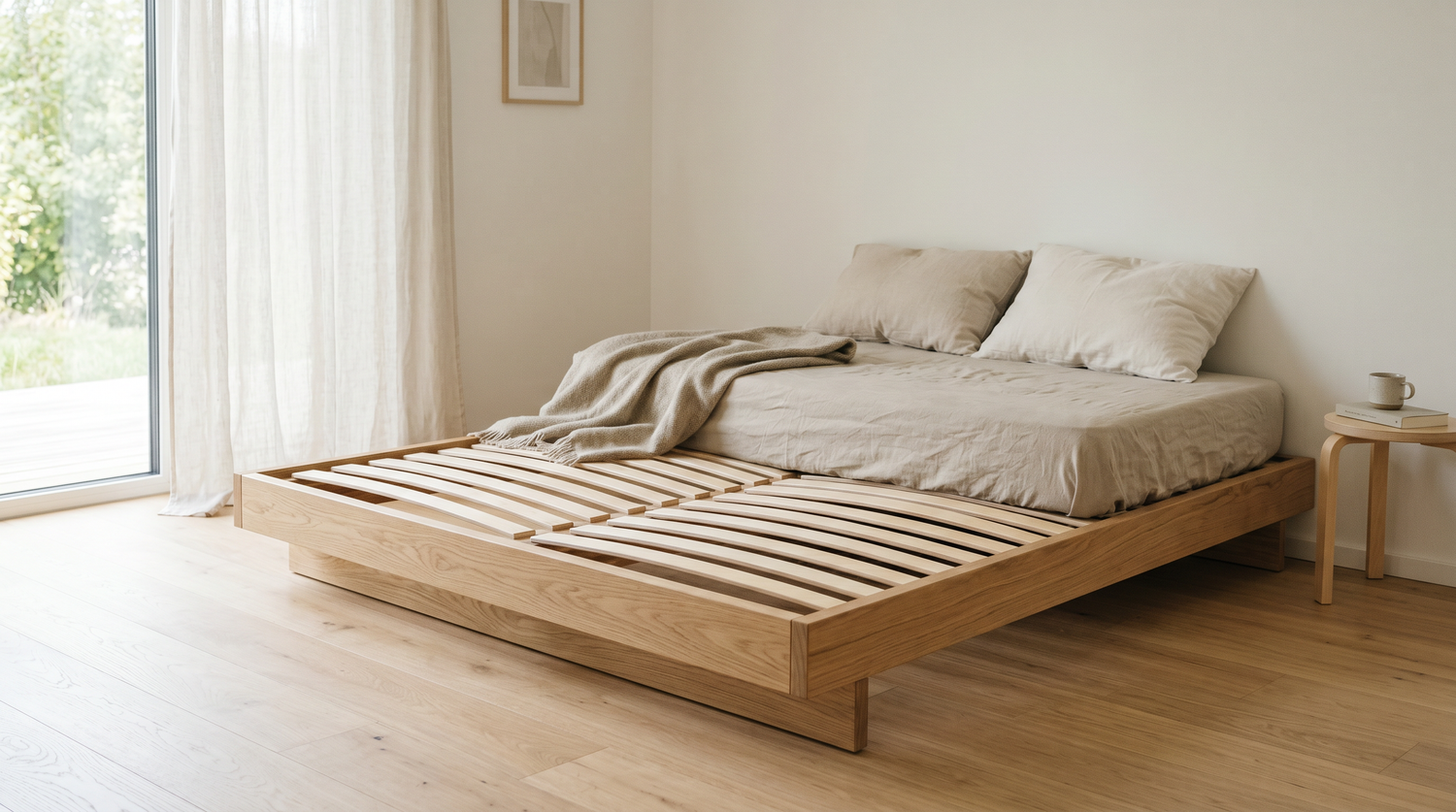 Lattenrost aus hellem Holz in einem hellen, ruhigen Schlafzimmer