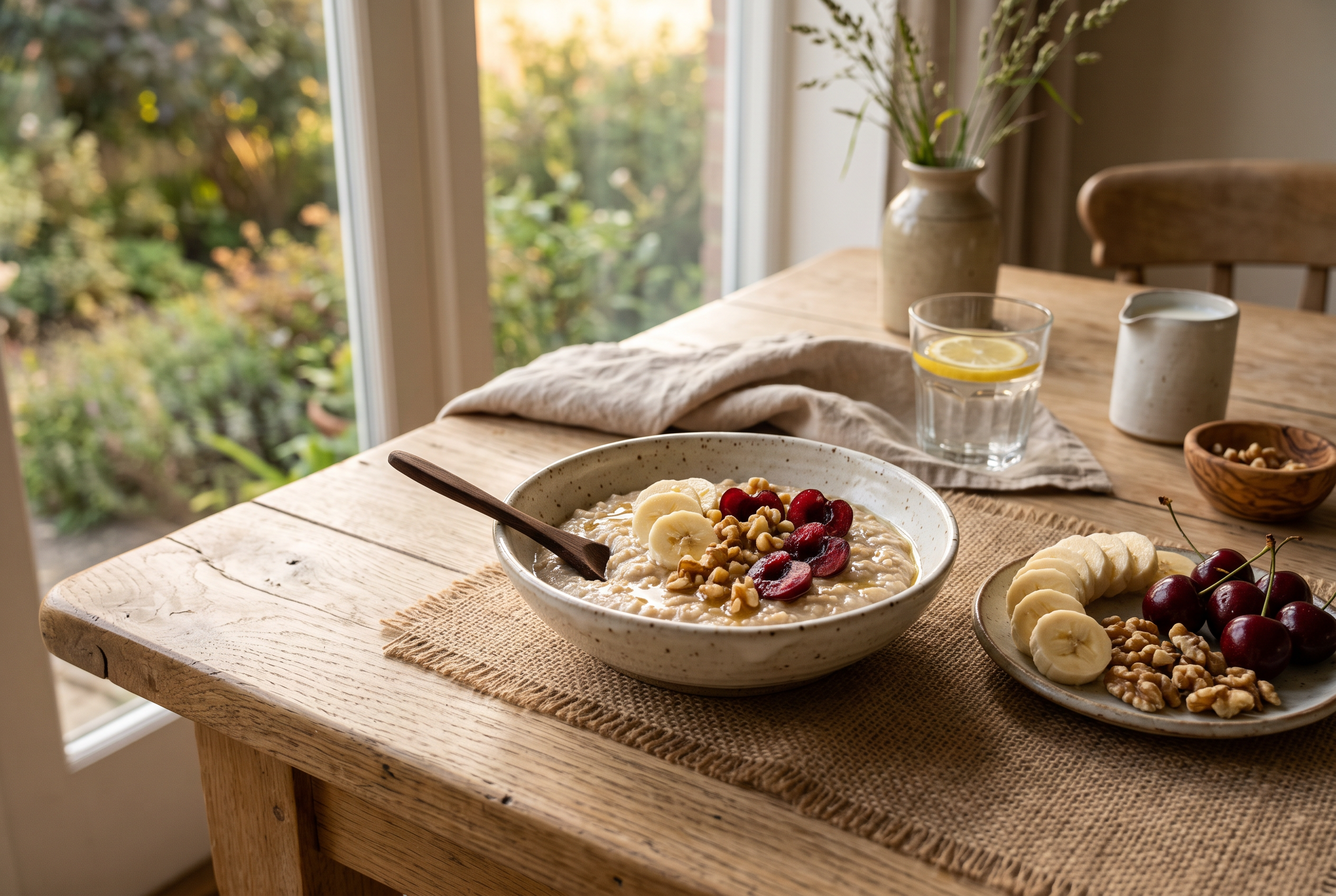 Leichtes Abendessen mit Haferbrei, Banane, Walnüssen und Kirschen