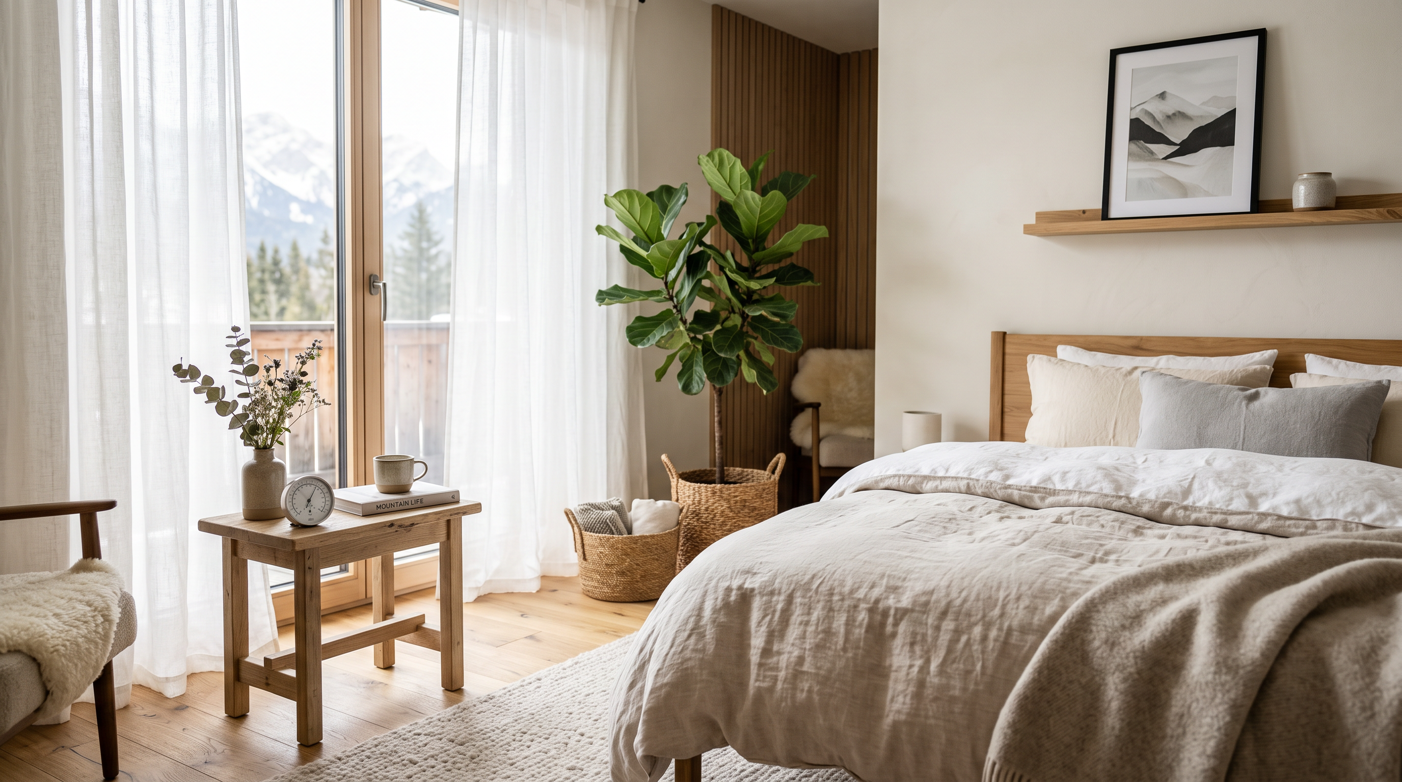 Schlafzimmer mit Hygrometer auf dem Nachttisch zur Kontrolle der Luftfeuchtigkeit