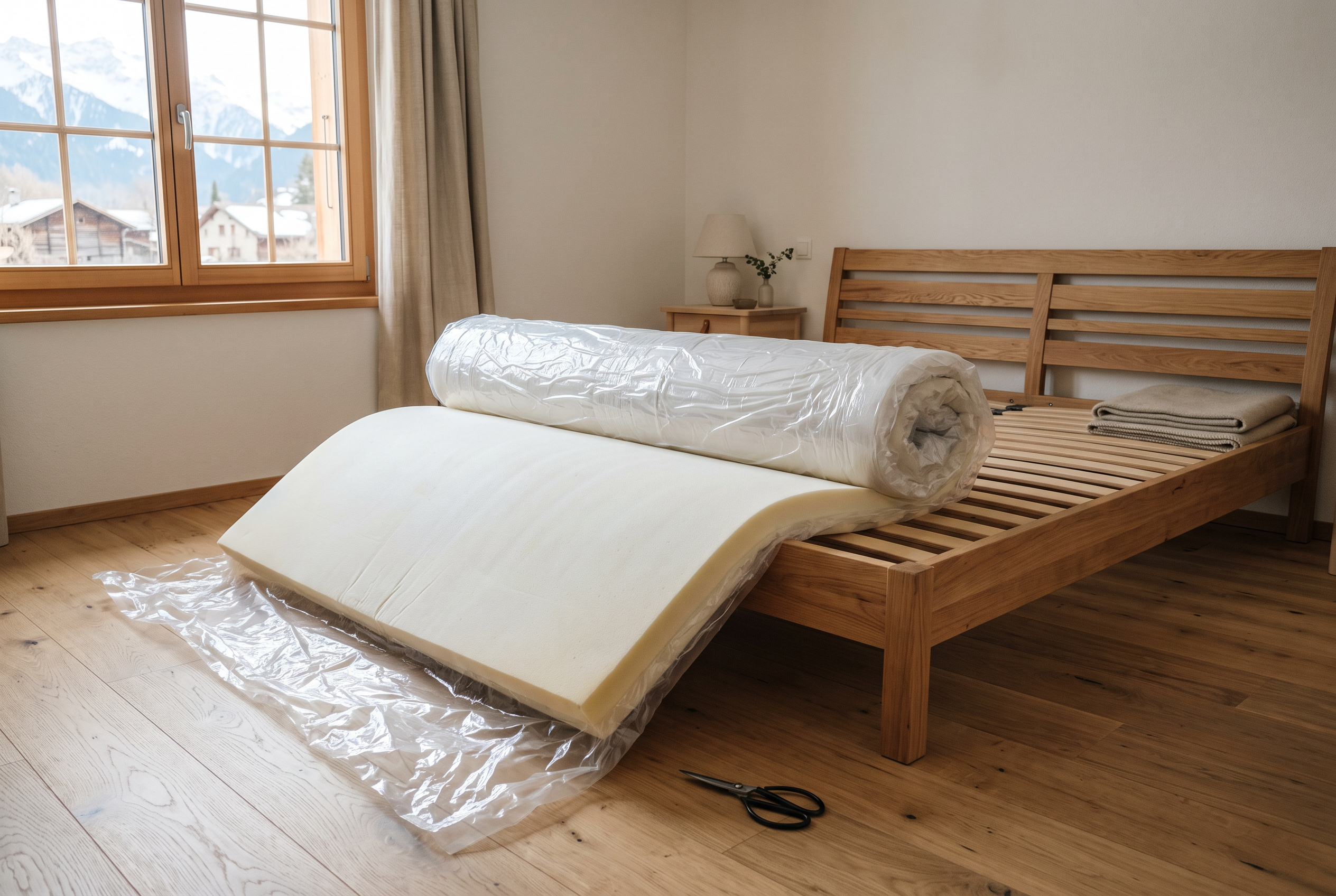 Vakuumverpackte Matratze in Folie wird auf einem Holzbett ausgerollt