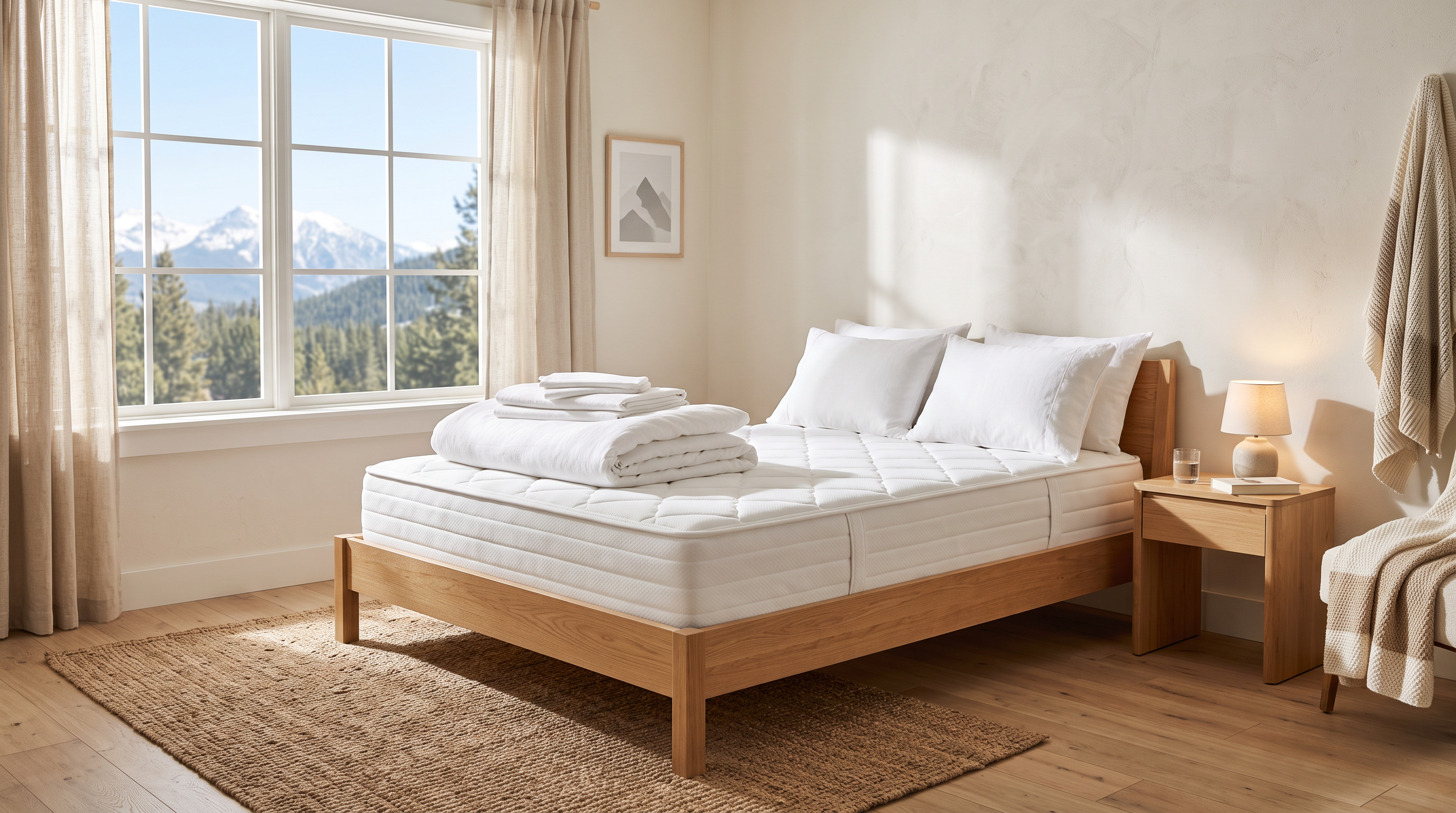 Neue Matratze auf Holzbettgestell im hellen Schlafzimmer während der Eingewöhnungszeit