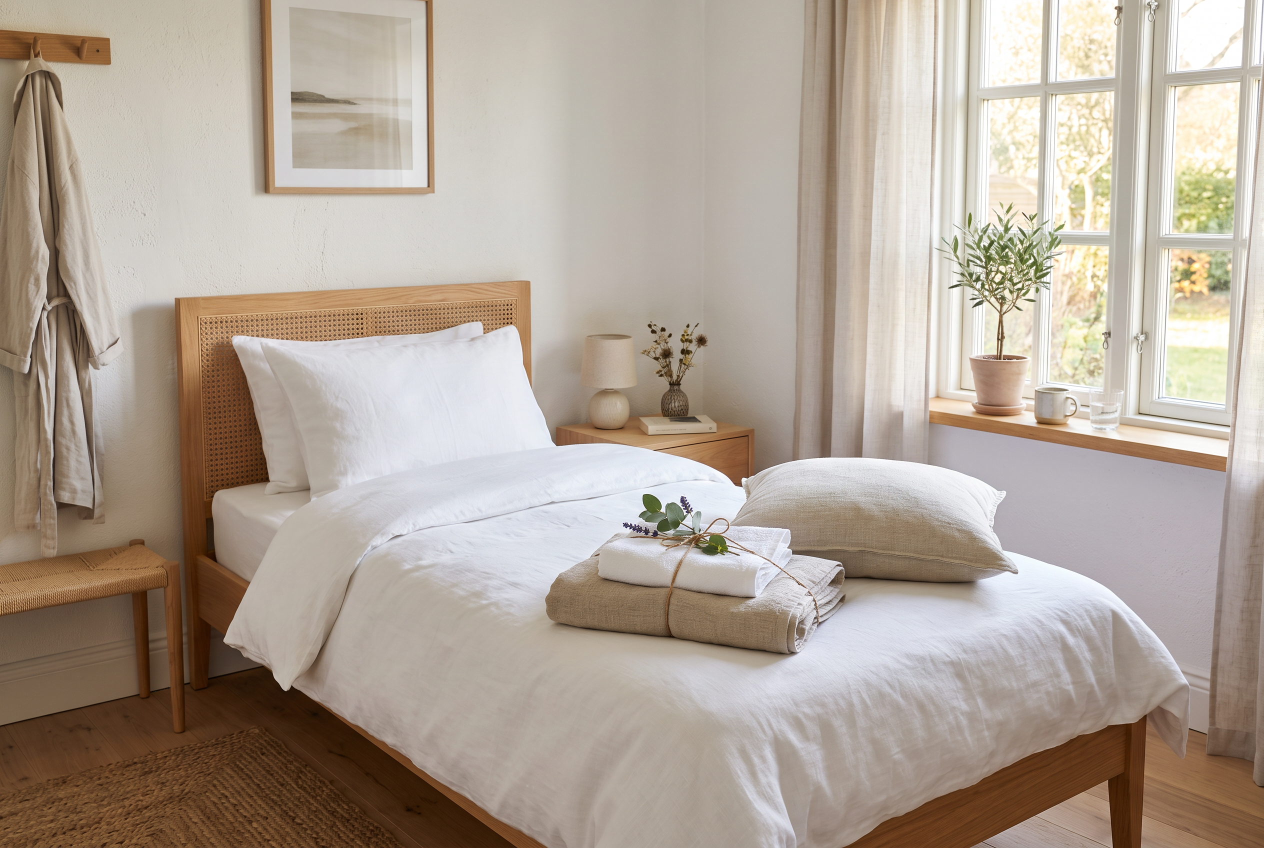 Gästebett mit frischen Frotteetüchern und zusätzlichem Kissen