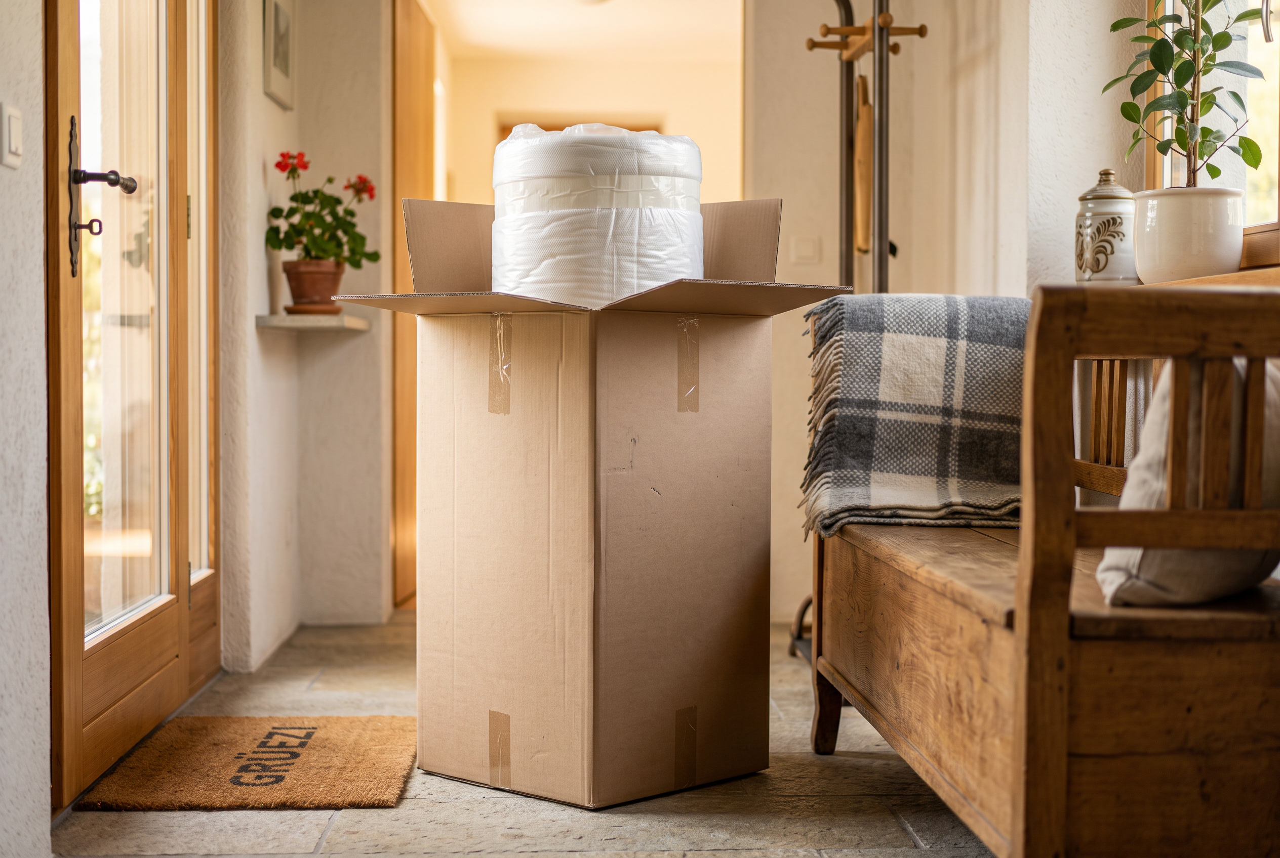 Matratzenkarton am Eingang einer hellen Wohnung