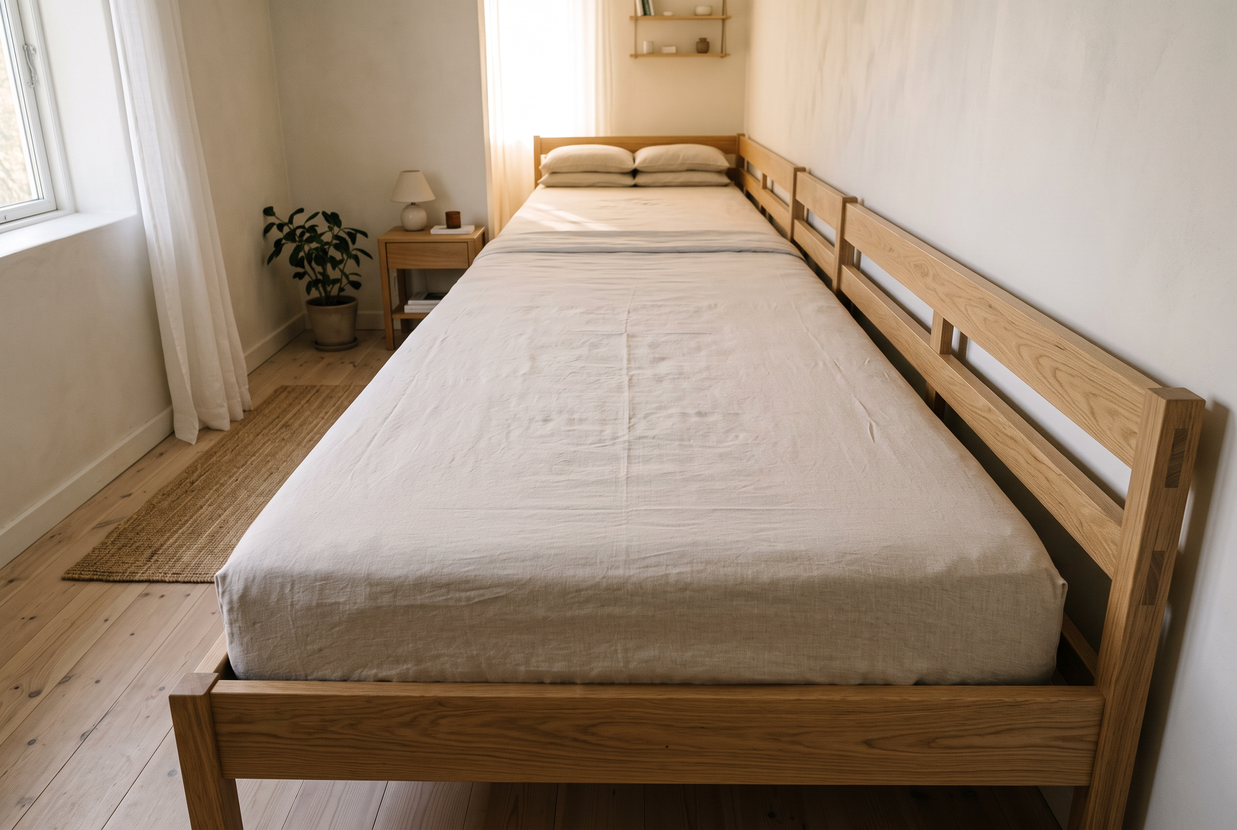 Längsansicht einer besonders langen Matratze im Eichenbett