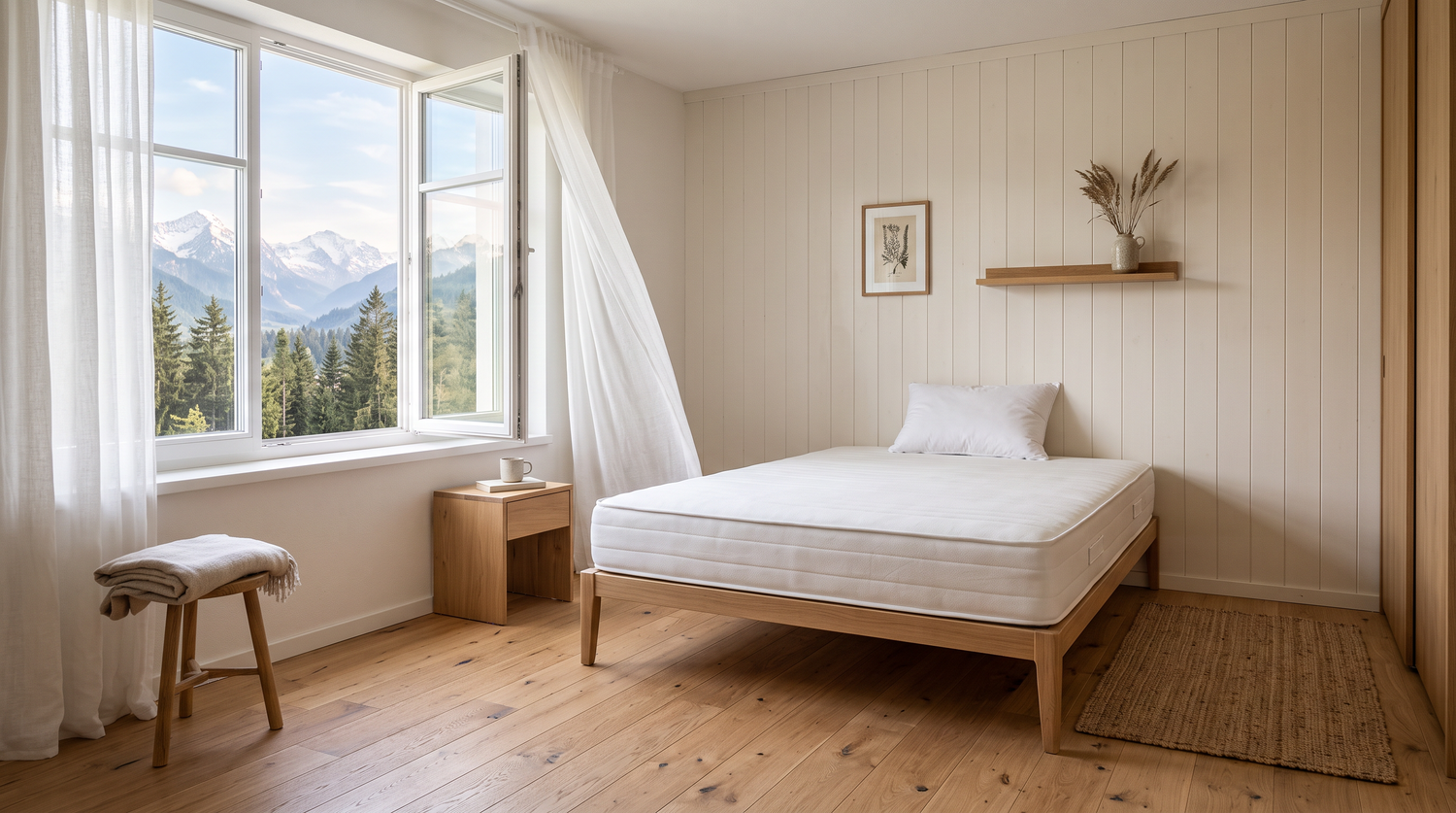 Abgezogenes Bett mit Matratze vor weit geöffnetem Fenster beim Lüften