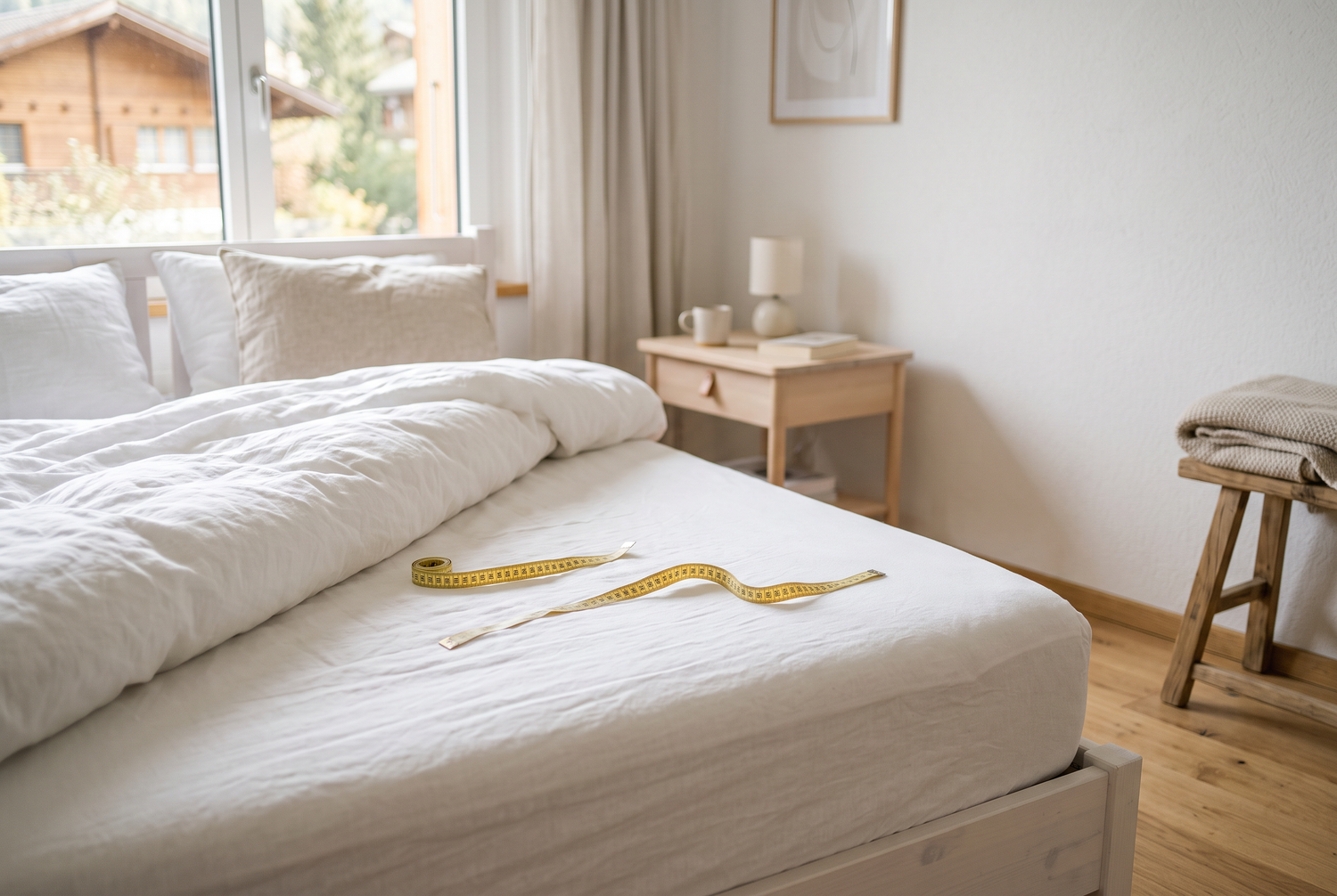 Gelbes Massband auf einer frisch bezogenen Matratze in einem hellen Schlafzimmer