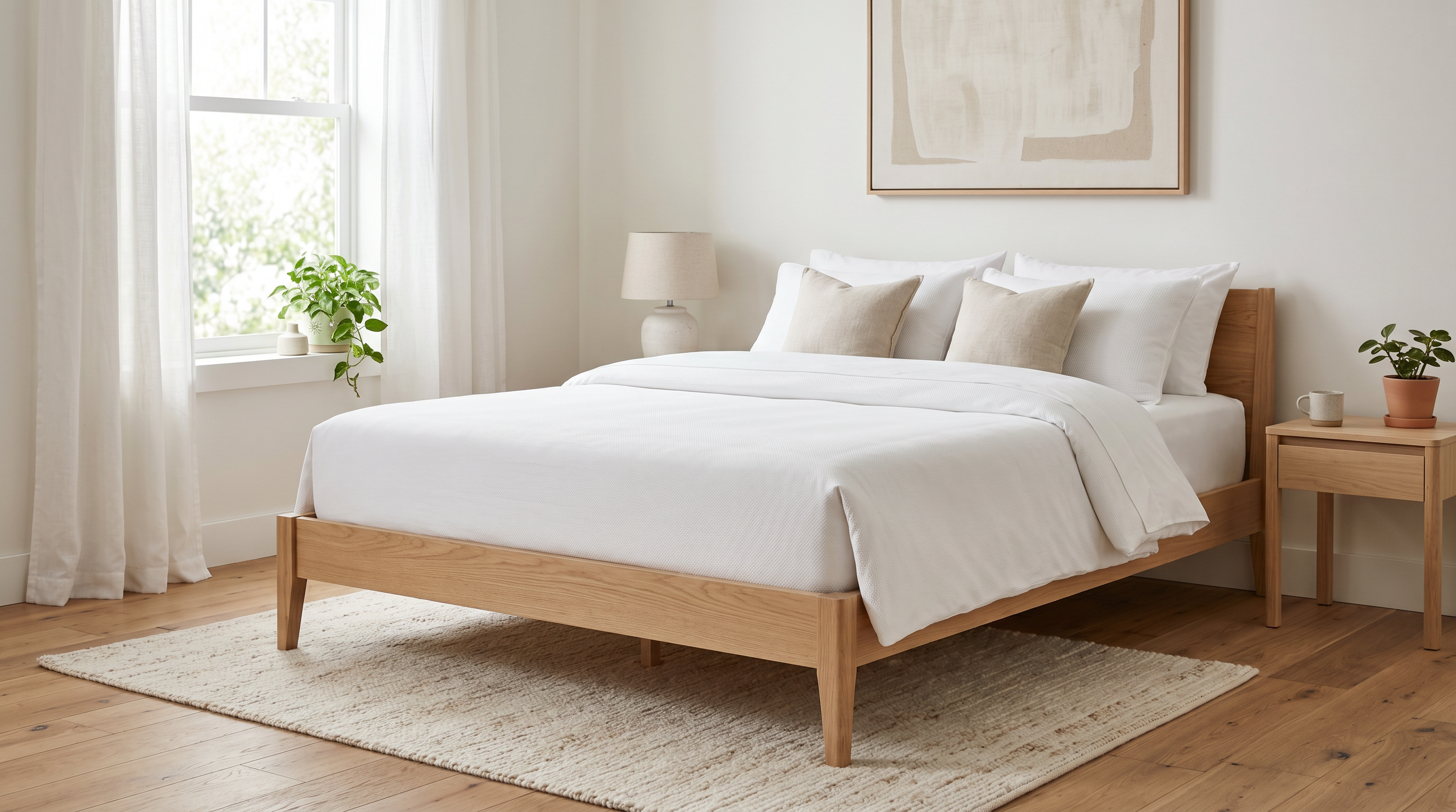 Moderne Matratze auf hellem Bettgestell in einem ruhigen Schlafzimmer