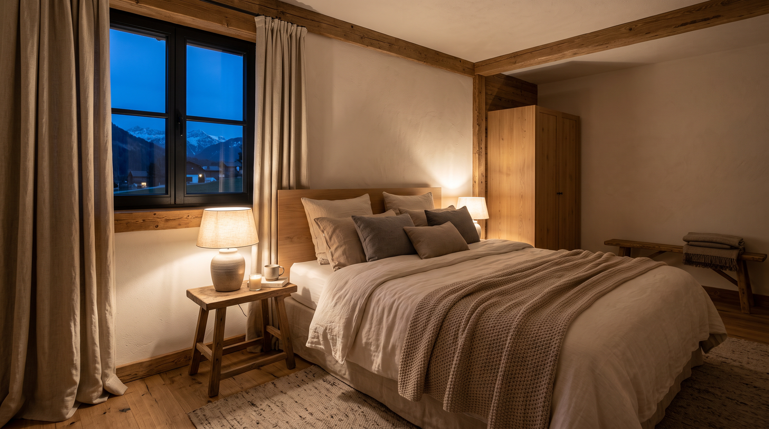 Gedämpft beleuchtetes Schlafzimmer in der Abenddämmerung mit warmem Lampenlicht