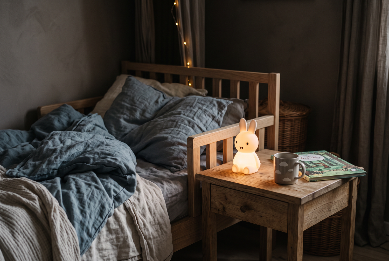 Sanft leuchtendes Nachtlicht neben einem Kinderbett