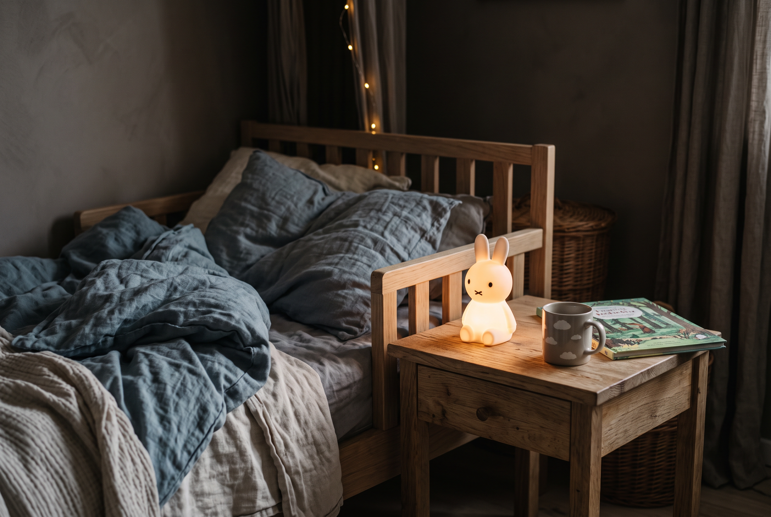 Sanft leuchtendes Nachtlicht neben einem Kinderbett