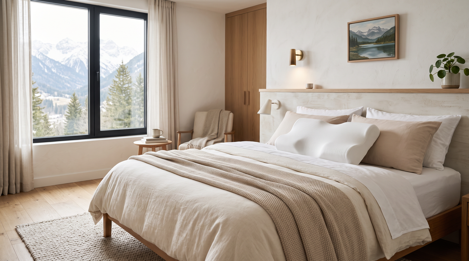Ergonomisches Nackenstützkissen auf einem ordentlich gemachten Bett im hellen Schlafzimmer