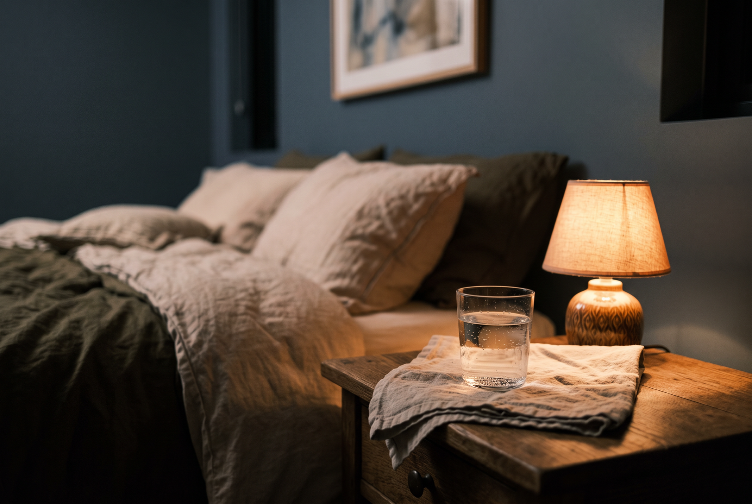 Nachttisch mit gedimmter Lampe und Wasserglas
