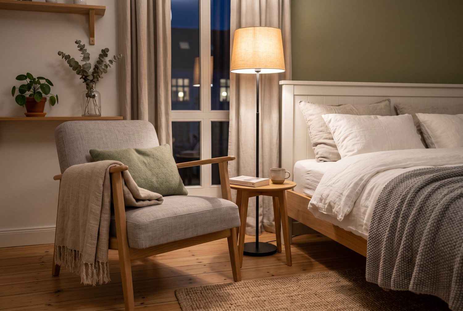 Sessel mit Leinendecke und warm leuchtender Leselampe neben dem Bett