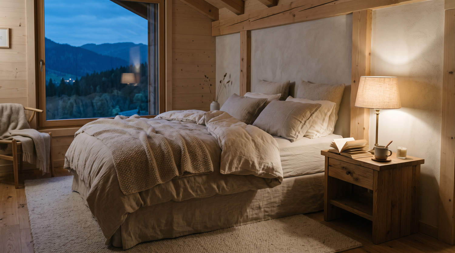Gemütliches Schlafzimmer am Abend mit warmem Lampenlicht, aufgeschlagenem Buch und Tee auf dem Nachttisch
