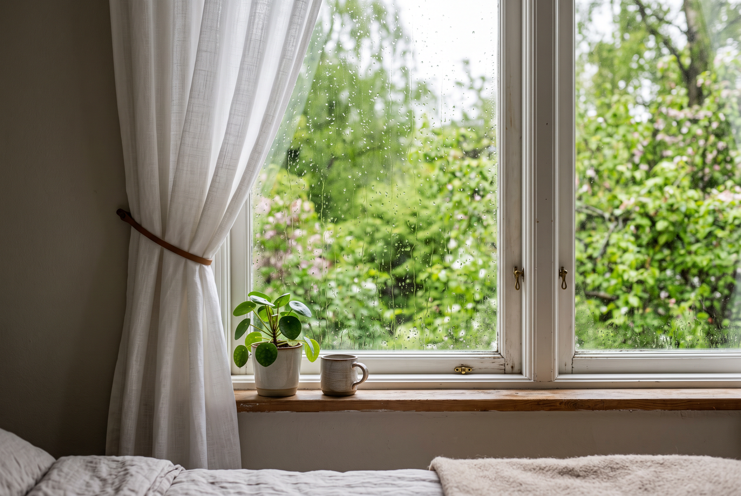 Geschlossenes Schlafzimmerfenster mit Regentropfen und grünem Laub dahinter