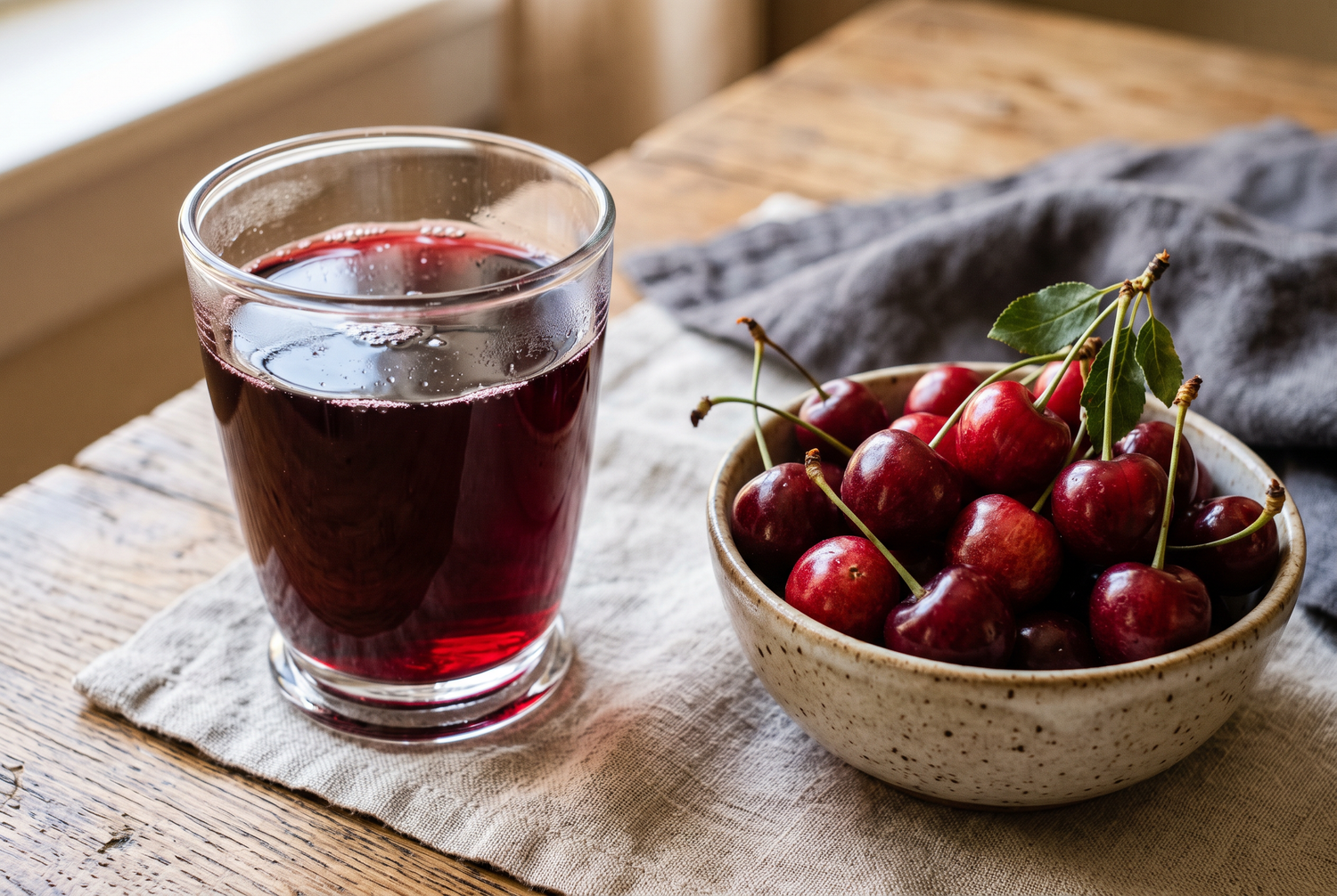 Glas Sauerkirschsaft mit frischen Sauerkirschen auf Leinentuch