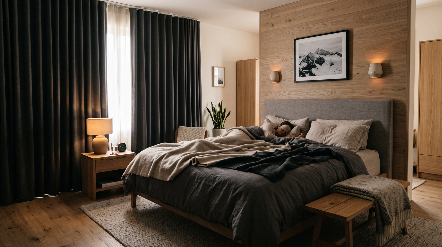 Abgedunkeltes Schlafzimmer am Tag mit Verdunkelungsvorhängen – gesunder Schlaf bei Schichtarbeit