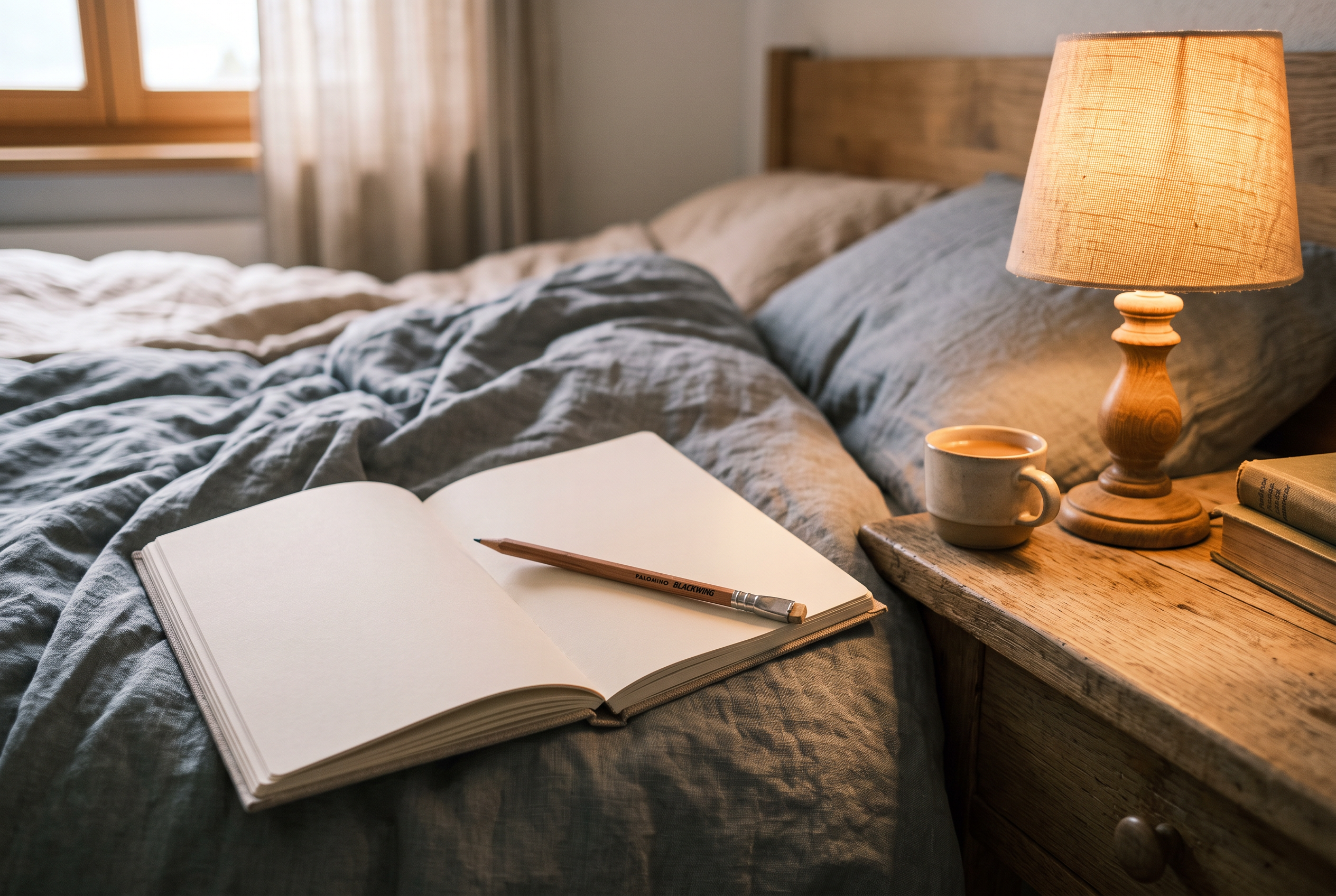 Notizbuch und Stift auf einer Leinenbettdecke neben warmer Leselampe als Symbol für Abendstruktur