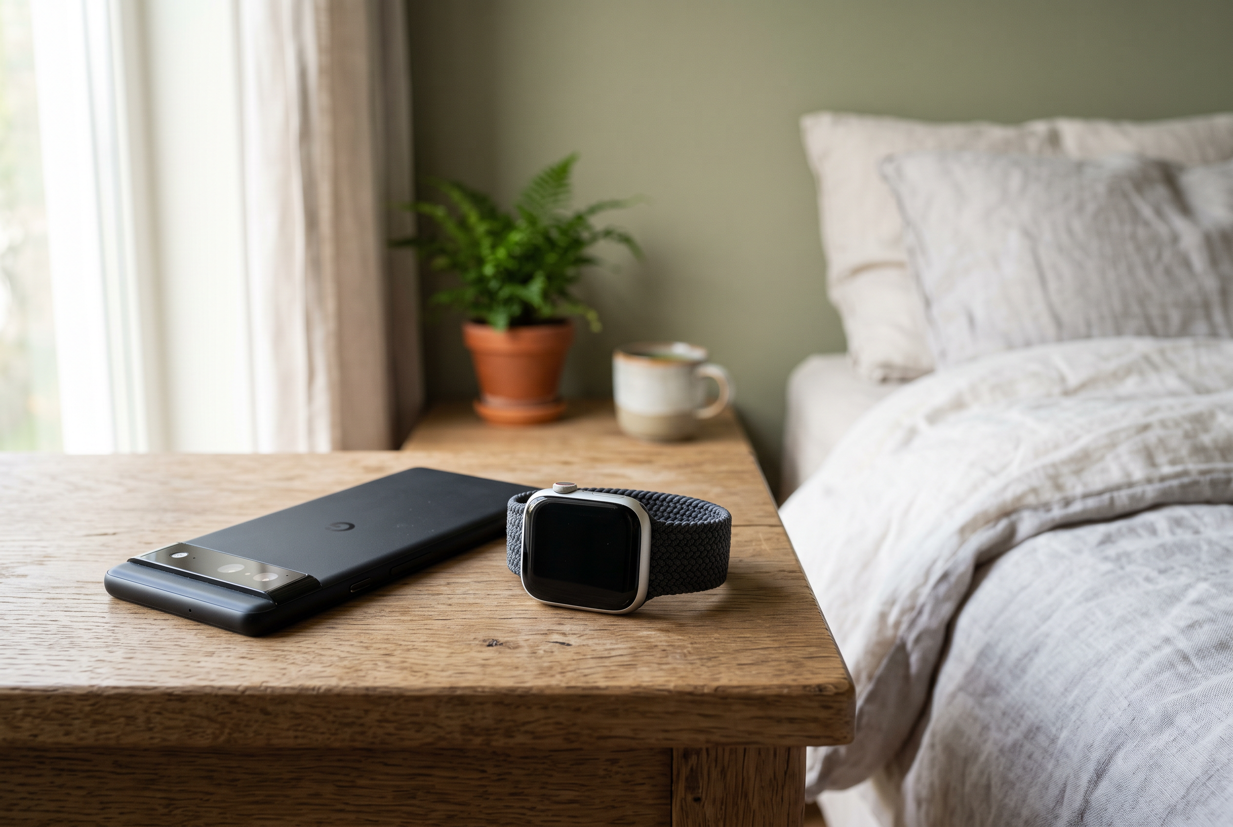Smartphone mit Display nach unten und Smartwatch auf dem Nachttisch