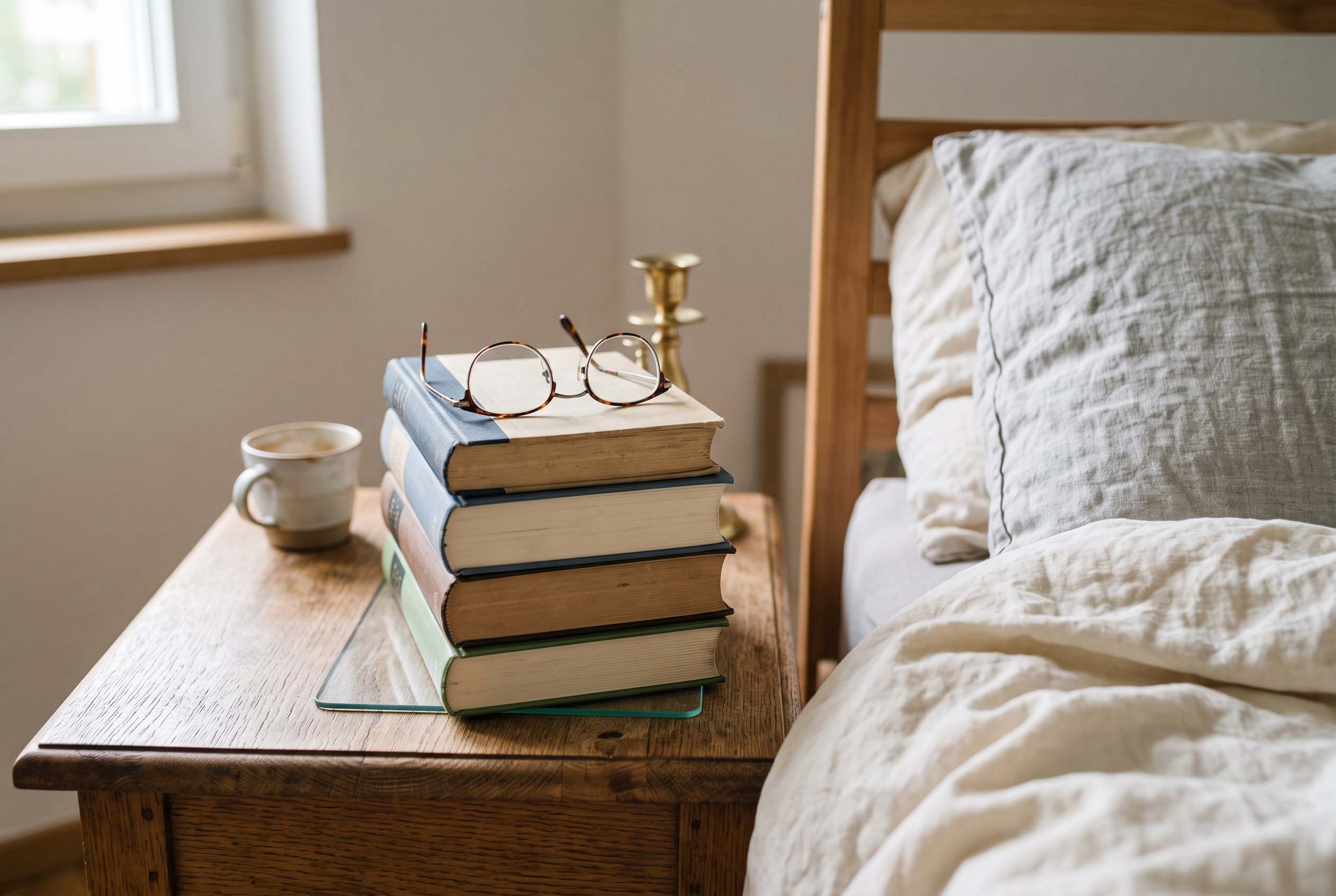 Bücherstapel und Lesebrille auf dem Nachttisch im warmen Morgenlicht