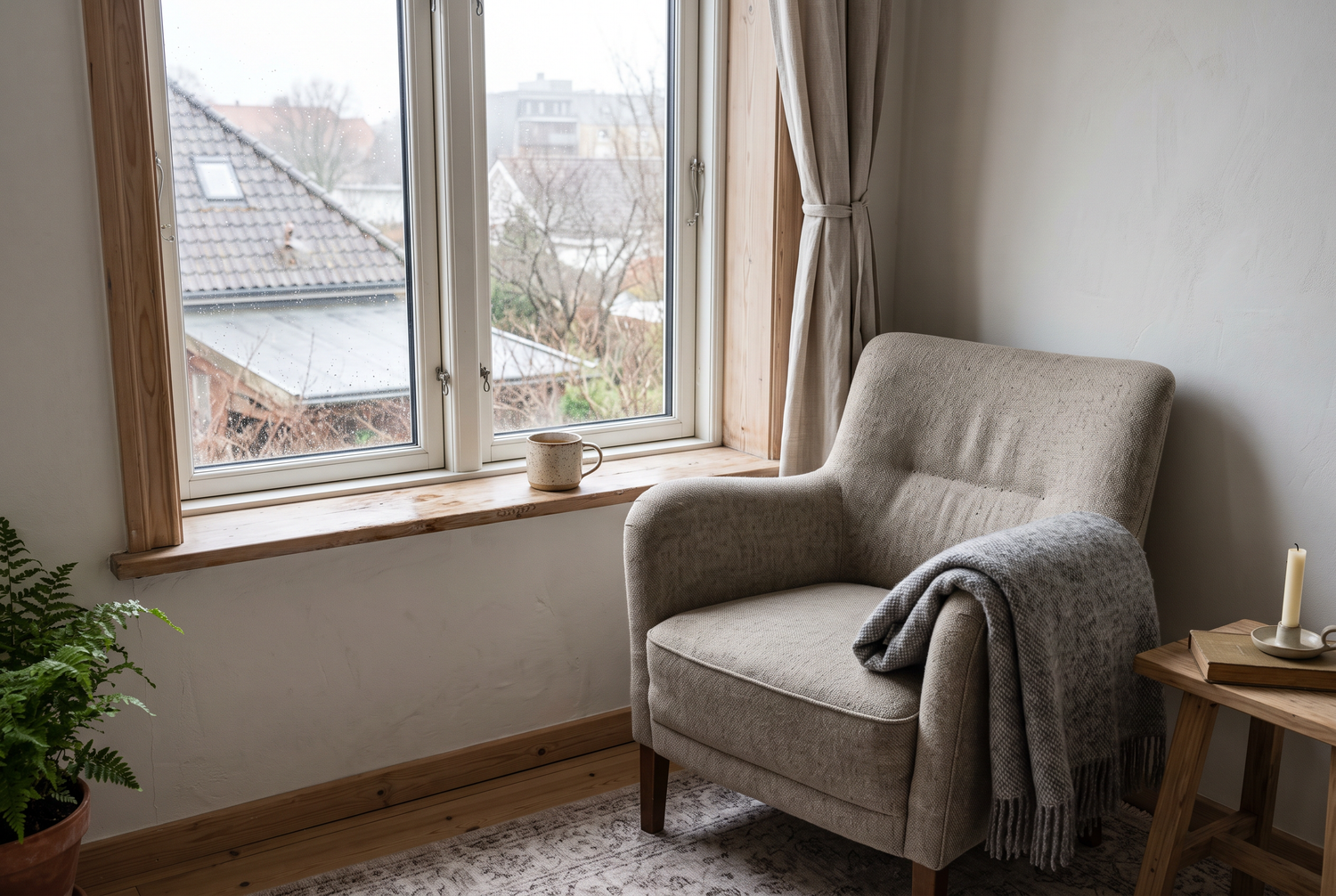 Sessel am Schlafzimmerfenster mit Wolldecke bei gedämpftem Tageslicht
