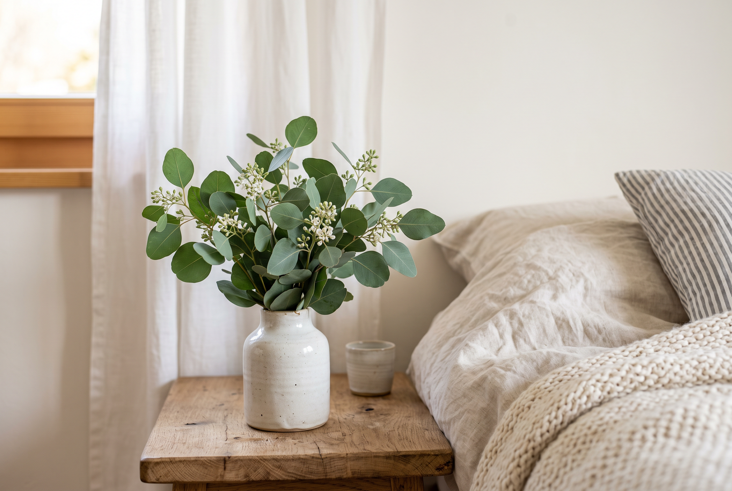 Eukalyptuszweige in einer Keramikvase auf dem Nachttisch neben weicher Leinenbettwäsche