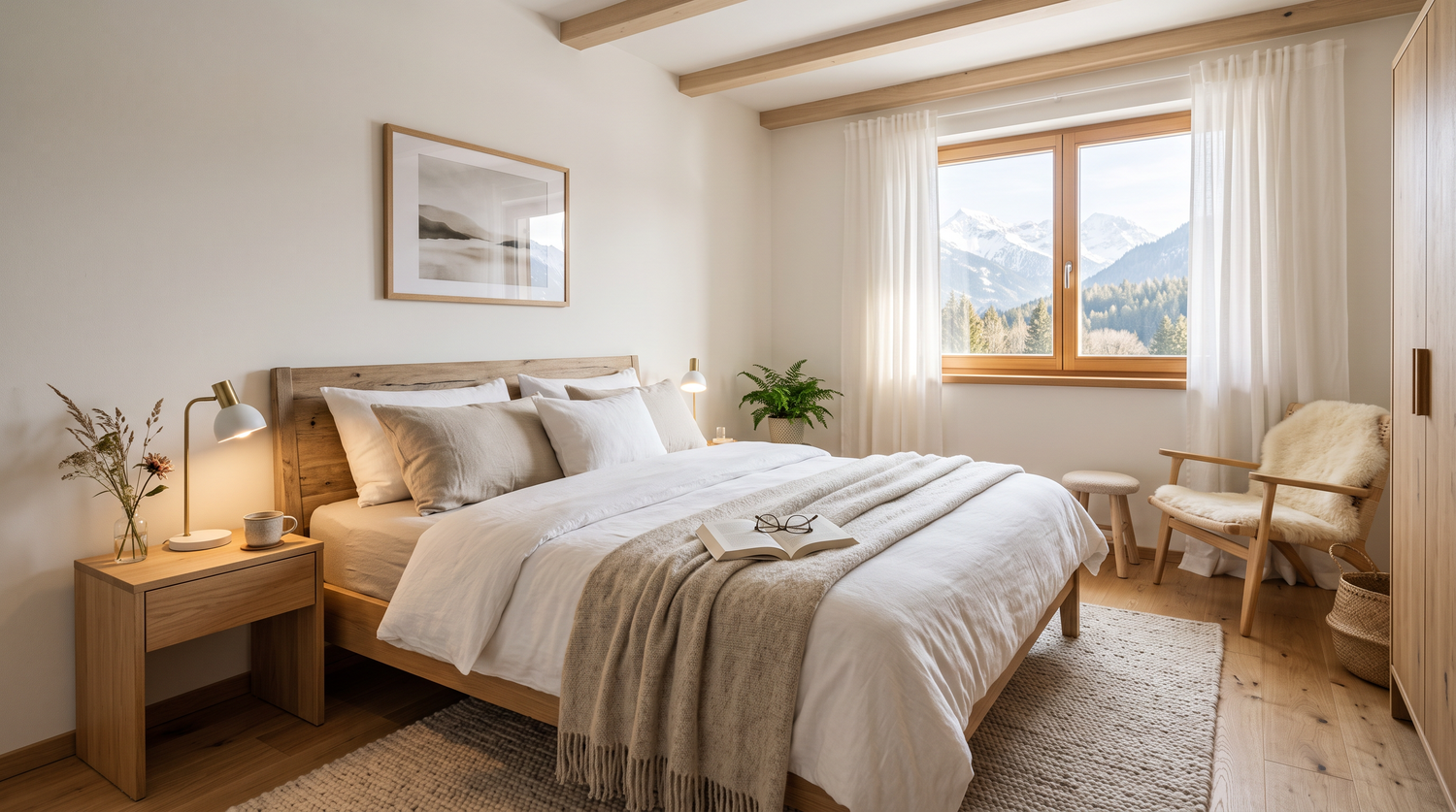 Helles, ruhiges Schlafzimmer mit gemachtem Bett und offenem Buch im Morgenlicht