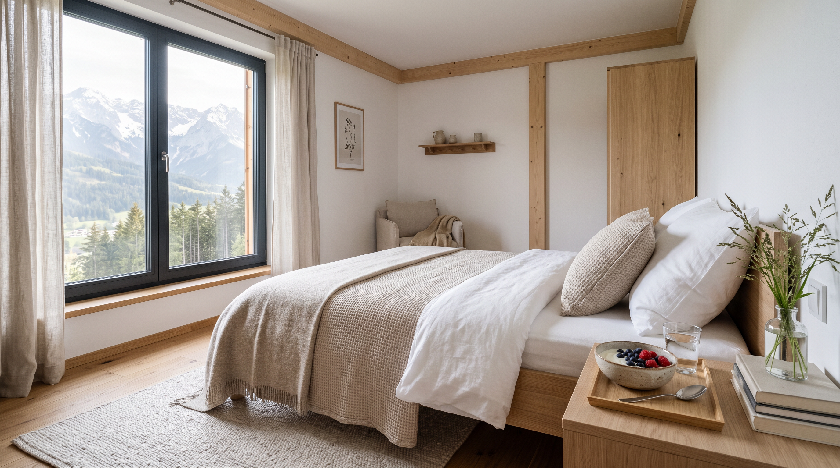 Helles Schlafzimmer am Morgen mit gemachtem Bett und gesundem Frühstück auf dem Nachttisch
