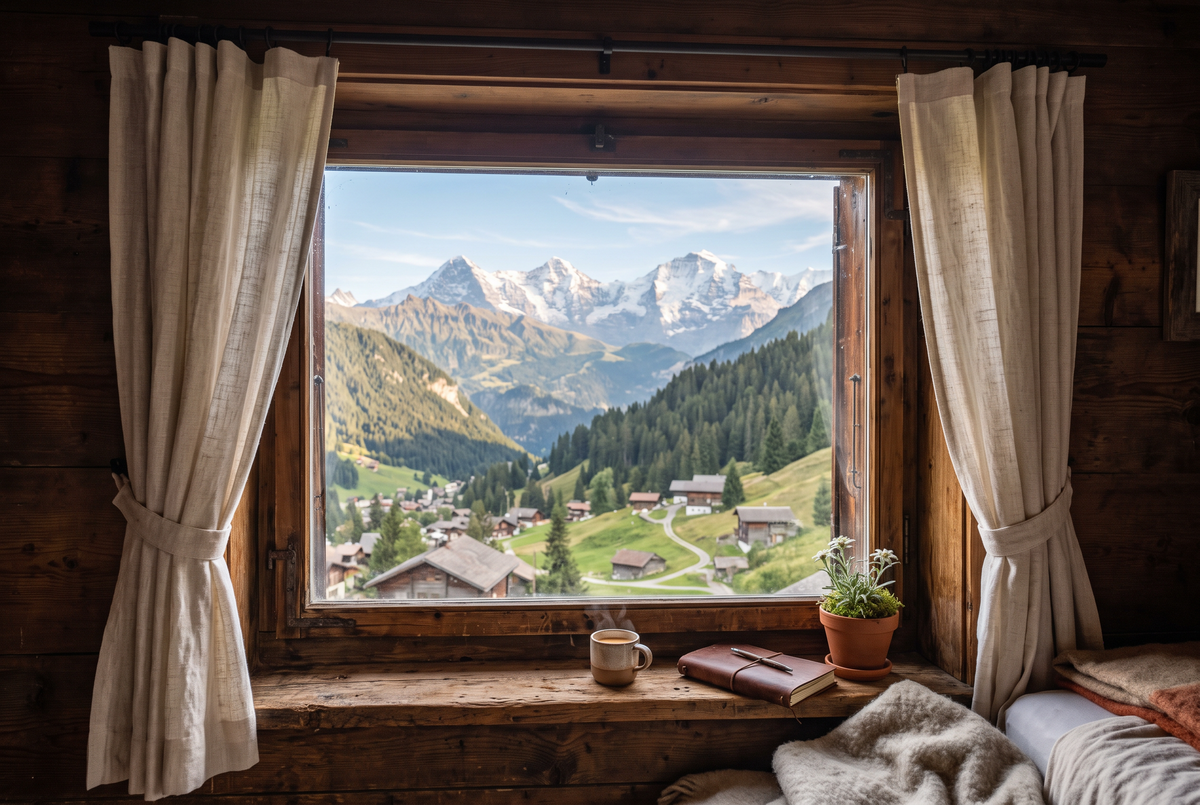 Alpines Schlafzimmerfenster mit Bergblick