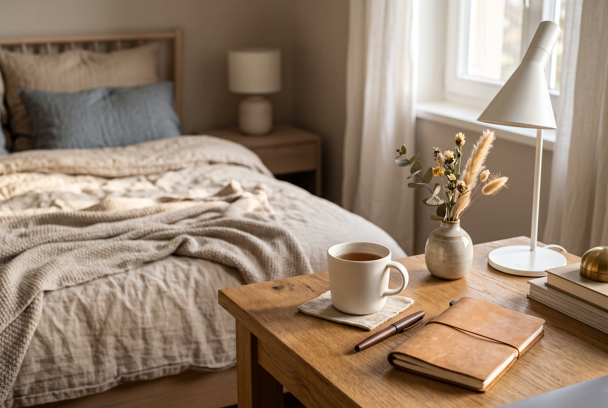 Homeoffice-Ecke nahe einem gemütlichen Schlafzimmer