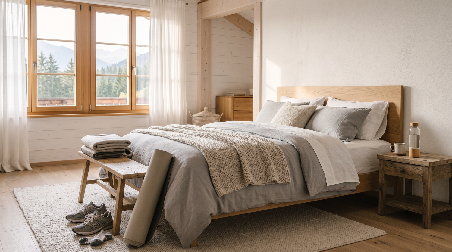 Helles Schlafzimmer mit gemachtem Bett, Yogamatte und Laufschuhen im Morgenlicht