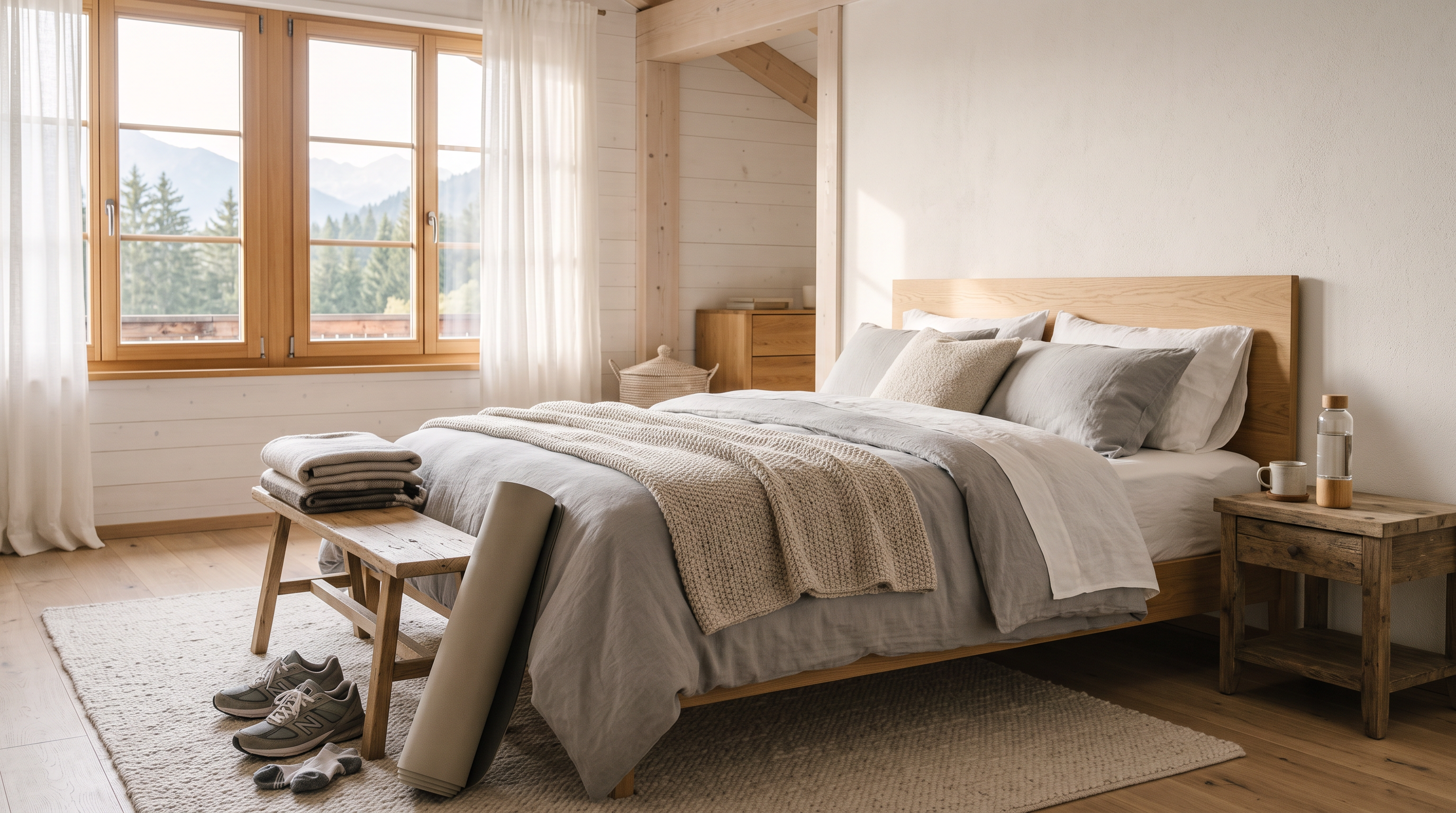 Helles Schlafzimmer mit gemachtem Bett, Yogamatte und Laufschuhen im Morgenlicht