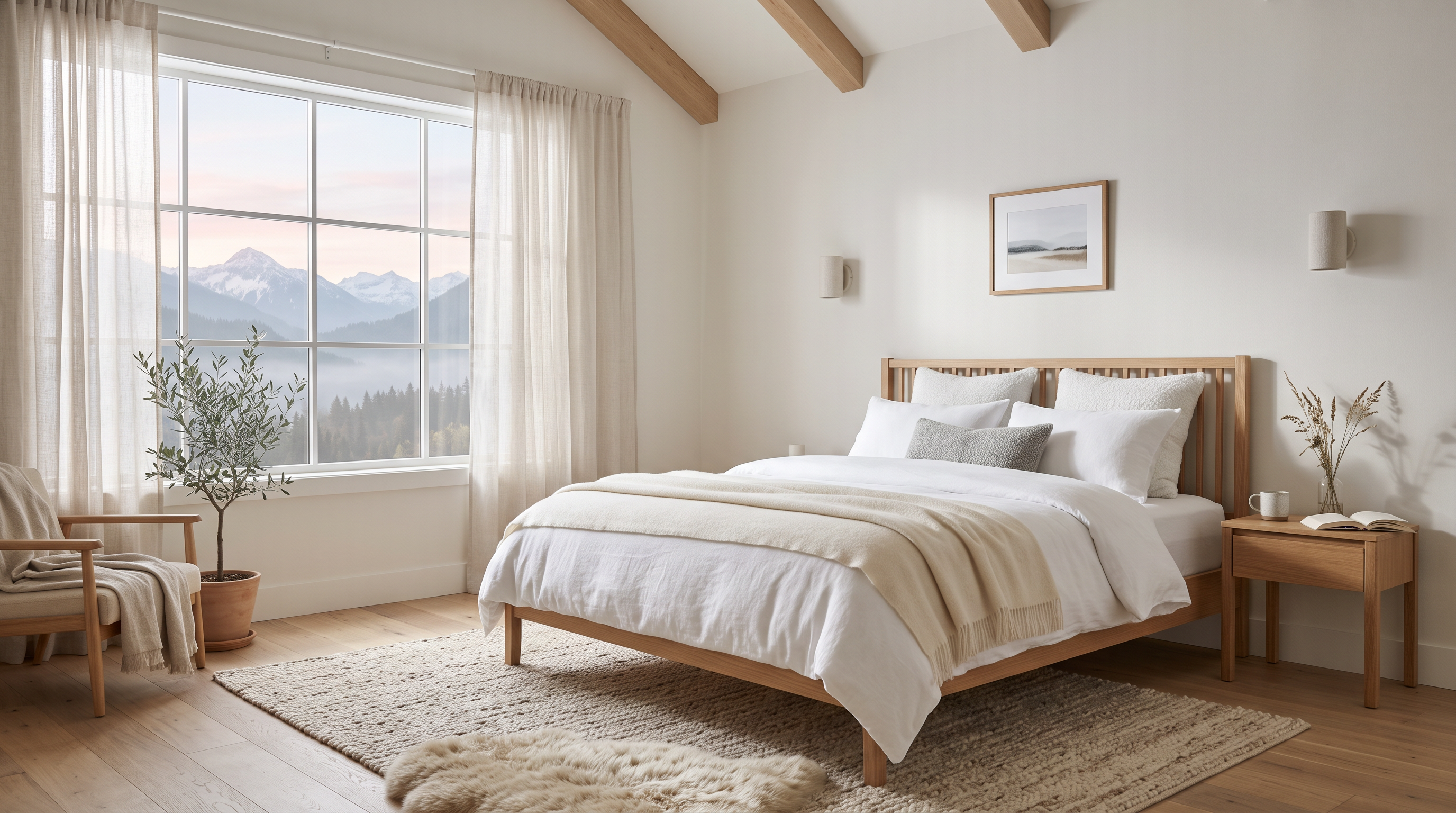 Helles, ruhiges Schlafzimmer am Morgen mit frisch gemachtem Bett und weichem Tageslicht