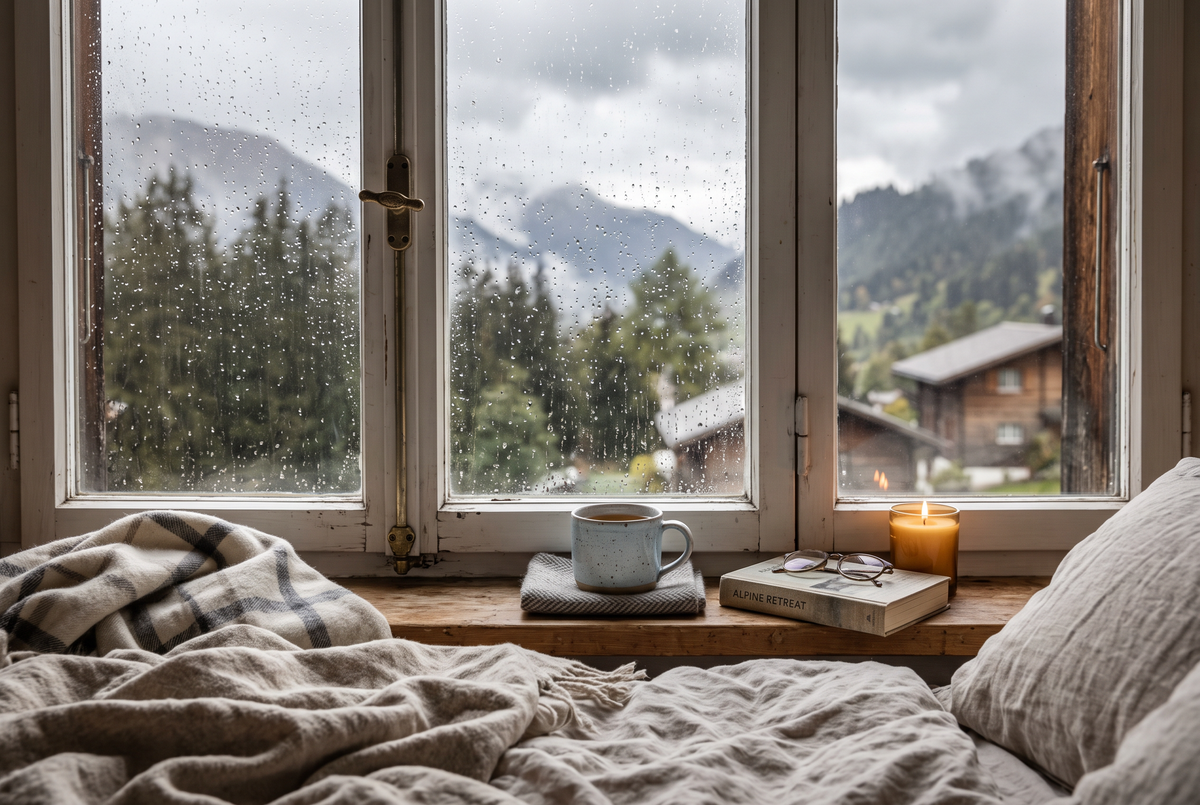 Schlafzimmerfenster mit Regentropfen bei Gewitter