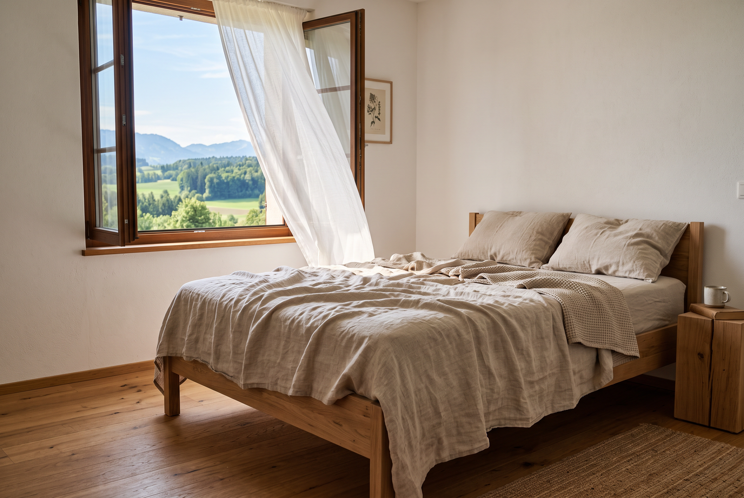 Leichtes Leinenlaken auf dem Bett vor einem offenen Fenster im Sommer