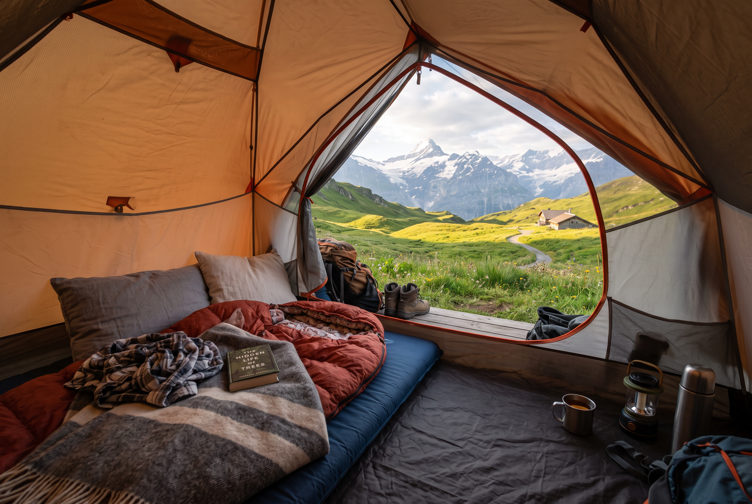 Isomatte mit Schlafsack und Wolldecke im Zelt bei Morgenlicht
