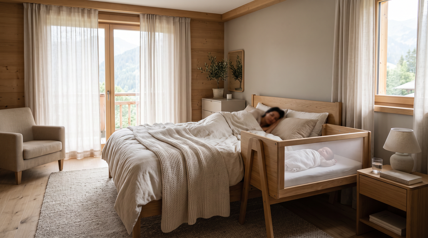 Elternschlafzimmer mit Beistellbett am Bett im weichen Morgenlicht