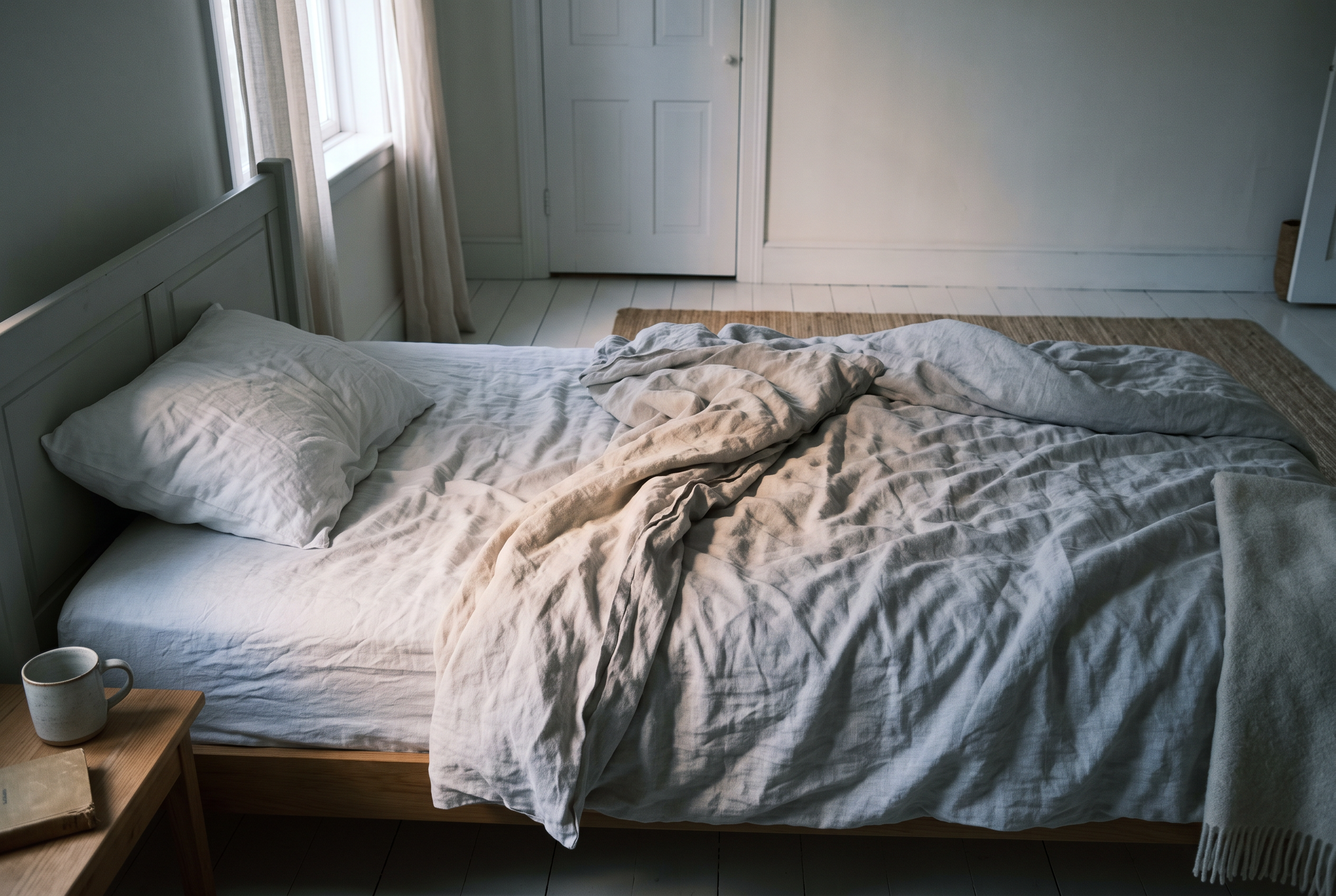 Erstes Morgenlicht fällt auf ein leeres Bett mit zerknitterter Leinenwäsche