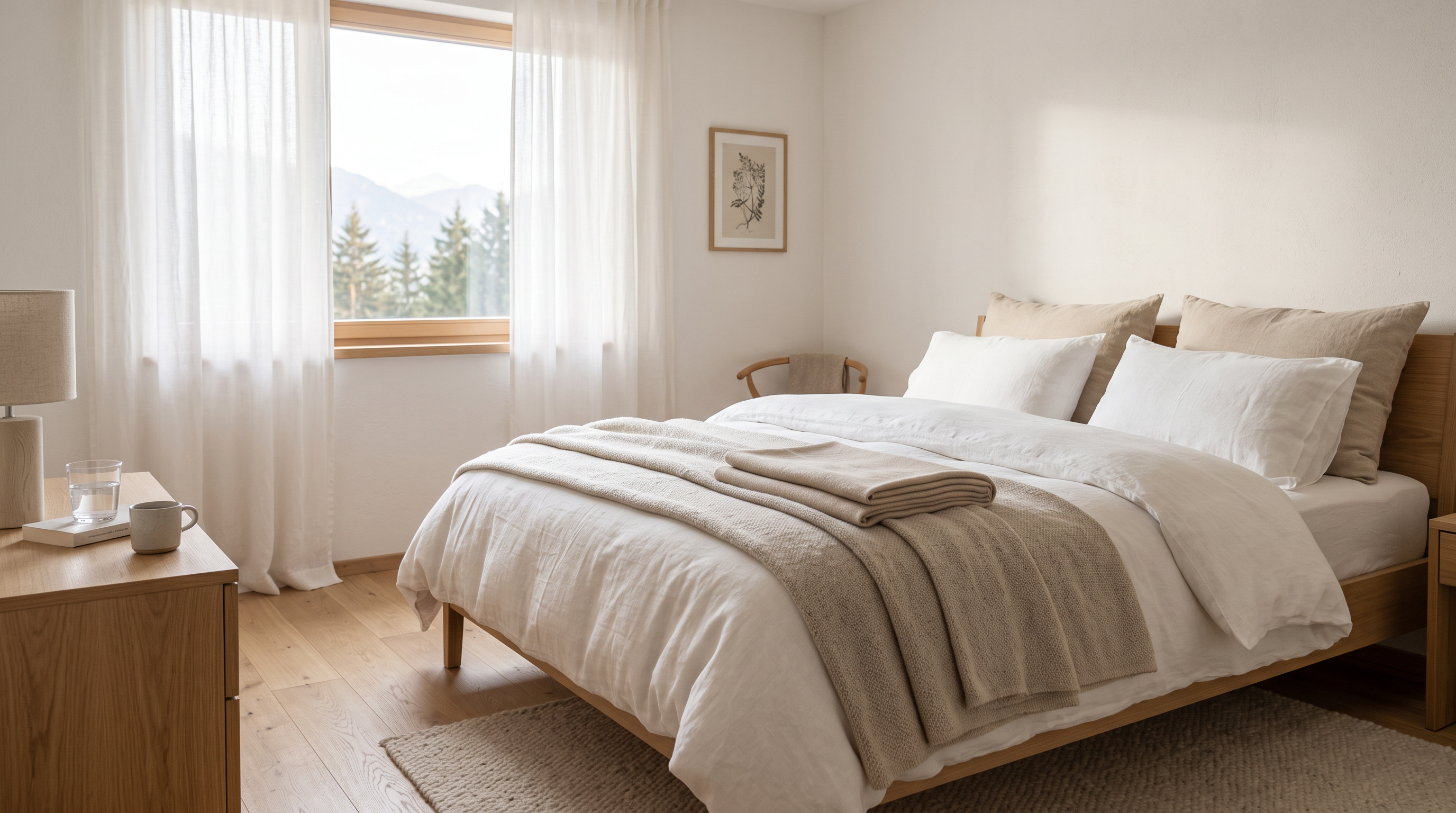 Ruhiges, helles Schlafzimmer am Morgen mit frisch gemachtem Bett – erholsamer Schlaf beugt Kopfschmerzen vor