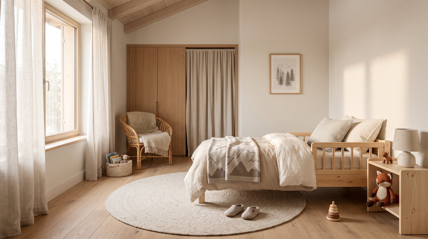 Kleinkindzimmer mit niedrigem Bett, weichem Teppich und warmem Licht