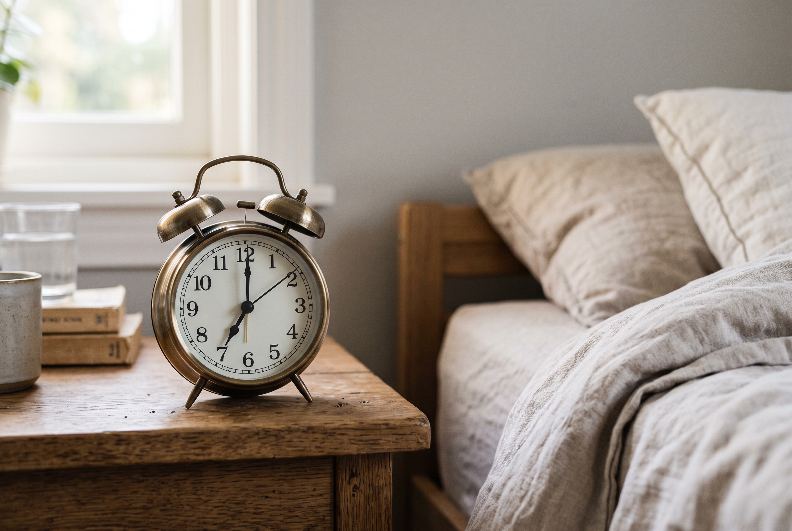 Analoger Wecker auf dem Nachttisch im Morgenlicht