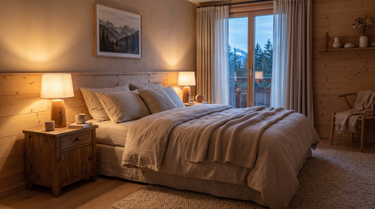 Schlafzimmer am Abend mit warm leuchtenden Nachttischlampen auf beiden Seiten des Betts